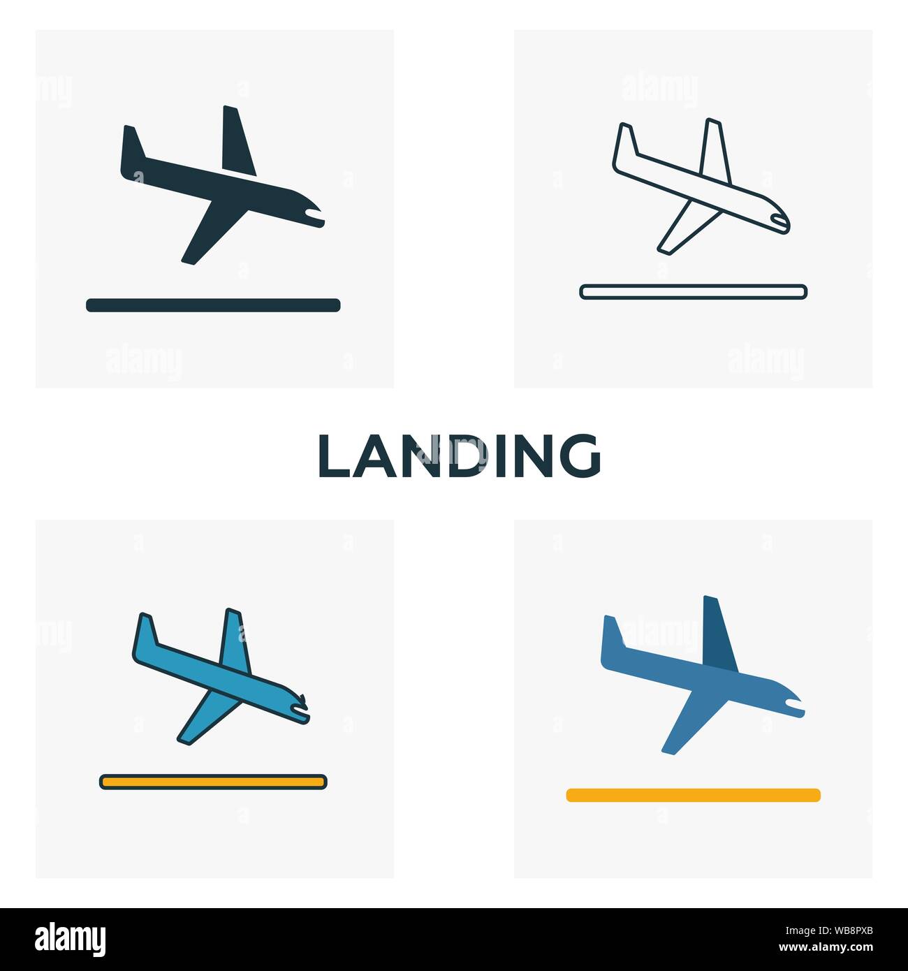 Sbarco icon set. Quattro elementi in diversi stili dall' aeroporto raccolta di icone. Creative icone di atterraggio riempito, del contorno colorato e simboli di Piana Illustrazione Vettoriale
