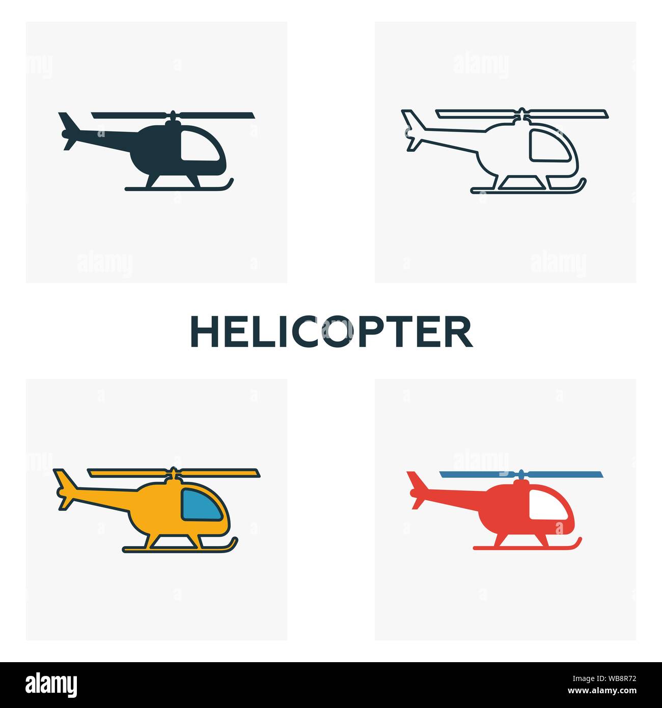 Elicottero icon set. Quattro elementi in diversi stili dall' aeroporto raccolta di icone. Creative icone elicottero riempito, contorno, colorata e piatto Illustrazione Vettoriale