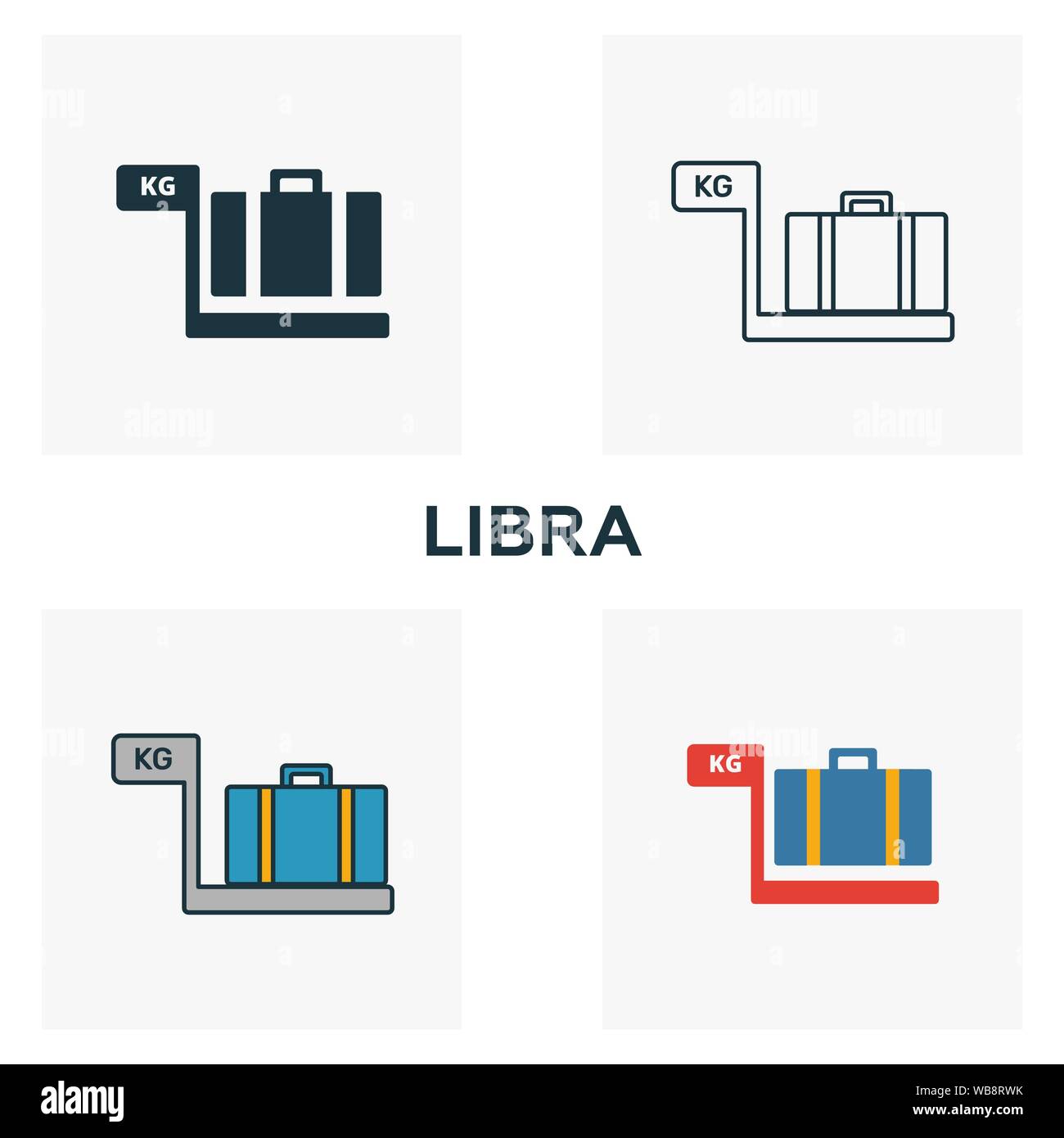 Libra icon set. Quattro elementi in diversi stili dall' aeroporto raccolta di icone. Creative icone di libra riempito, del contorno colorato e simboli di Piana Illustrazione Vettoriale