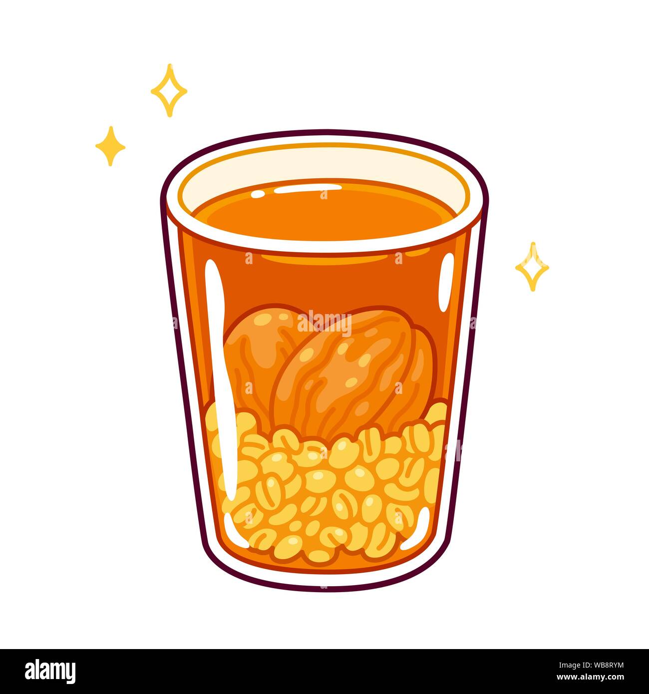 Tradizionale bevanda cilena Mote con Huesillo con secche Pesche e il grano cotto. Doodle disegno della tipica bevanda estiva in Cile. Cartoon carino styl Illustrazione Vettoriale