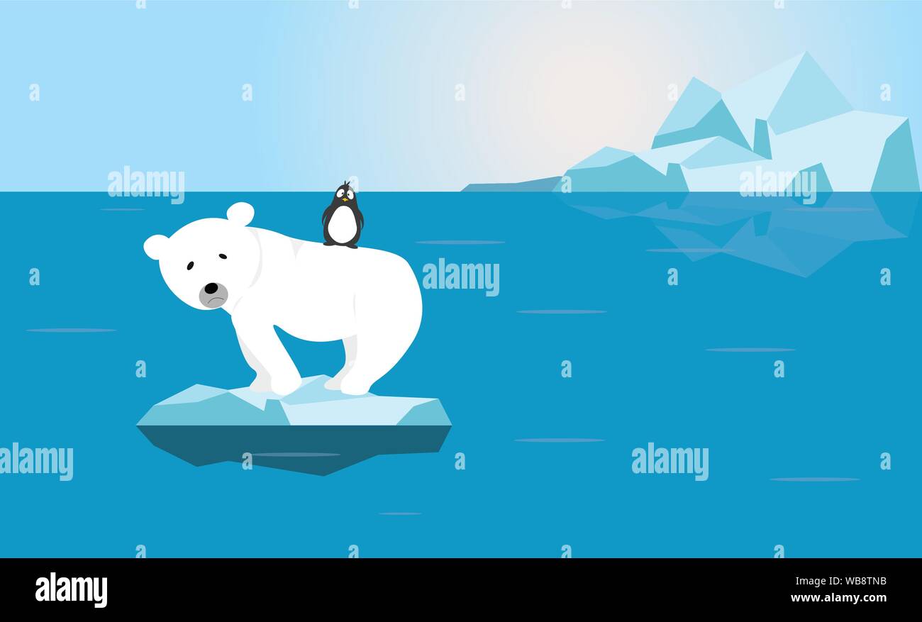 Orso polare e Penguin con volto preoccupato su piccole ghiaccio in fusione in oceano vuoto illustrazione grafica vettoriale - Riscaldamento globale crisi cambiamento climatico problema Illustrazione Vettoriale