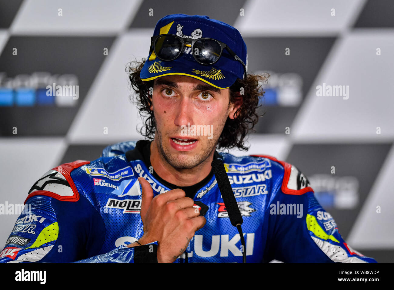 Towcester, Regno Unito. 25 Ago, 2019. 25 Ago, 2019. Alex Rins (SPA) del Team SUZUKI ECSTAR alla conferenza stampa dopo la gara di domenica di GoPro British Grand Prix sul circuito di Silverstone Domenica, 25 agosto 2019 a Towcester, Inghilterra. Credito: Taka G Wu/Alamy Live News Foto Stock