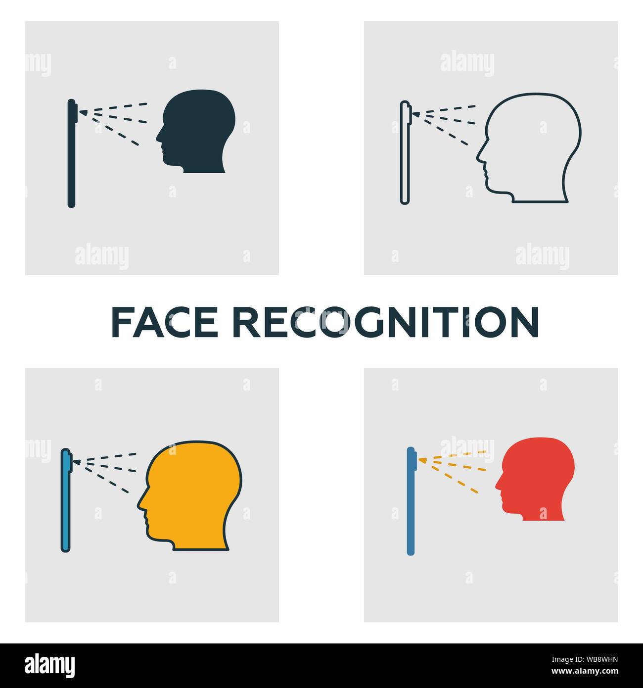 Il riconoscimento del volto icona set. Quattro elementi in diversi stili dal dispositivo audiovisivo raccolta di icone. Creative face recognition icone riempito, contorno Illustrazione Vettoriale