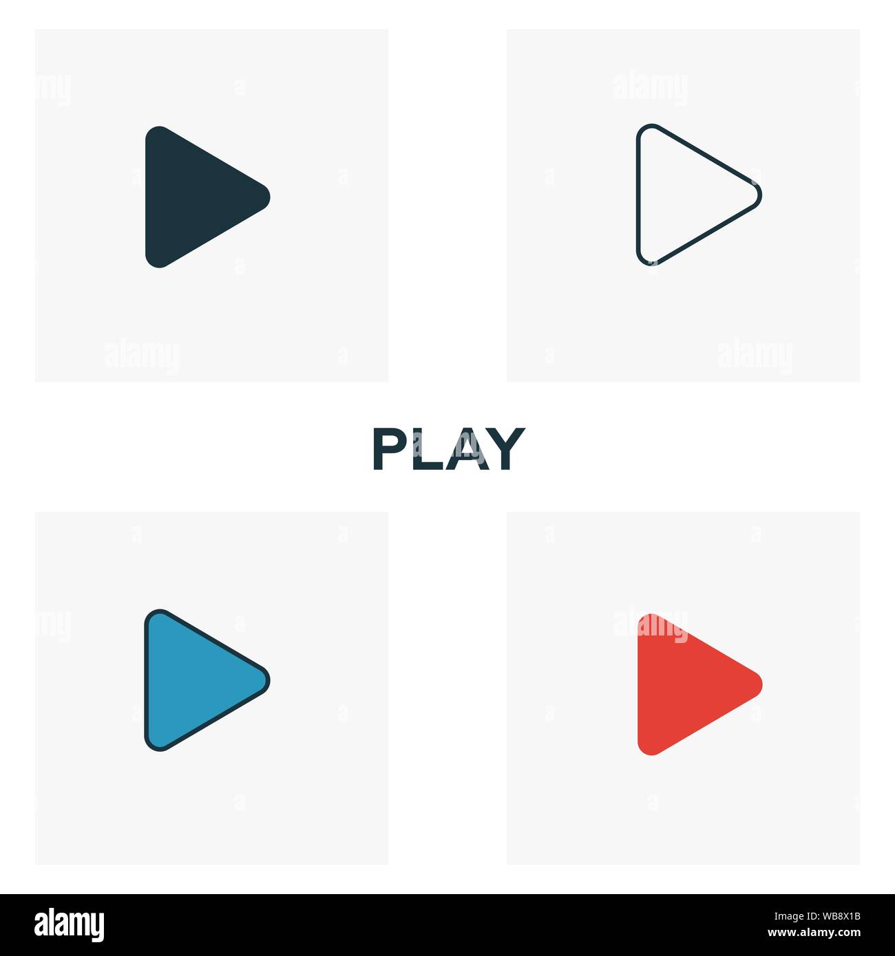 Icona Riproduci set. Quattro elementi in diversi stili da pulsanti audio raccolta di icone. Gioco creativo icone riempito, del contorno colorato e simboli di Piana Illustrazione Vettoriale