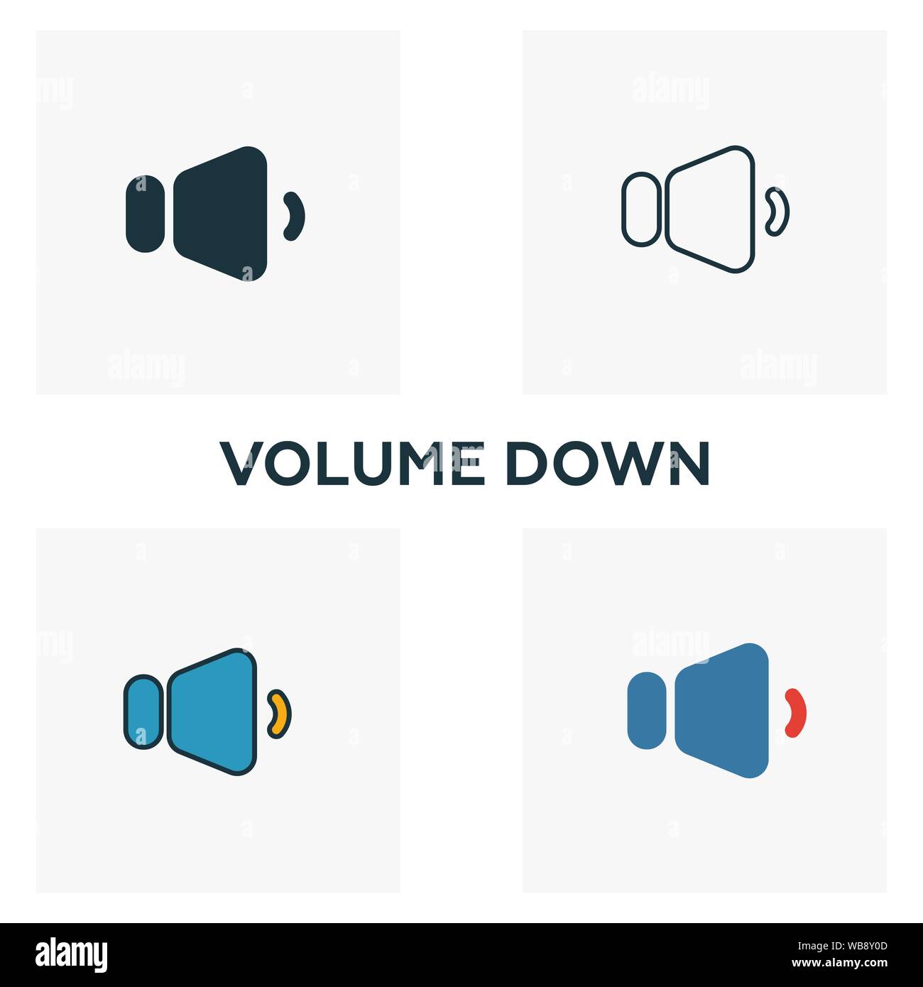 Volume Down icon set. Quattro elementi in diversi stili da pulsanti audio raccolta di icone. Creative volume giù riempito di icone, bordato e colorato Illustrazione Vettoriale