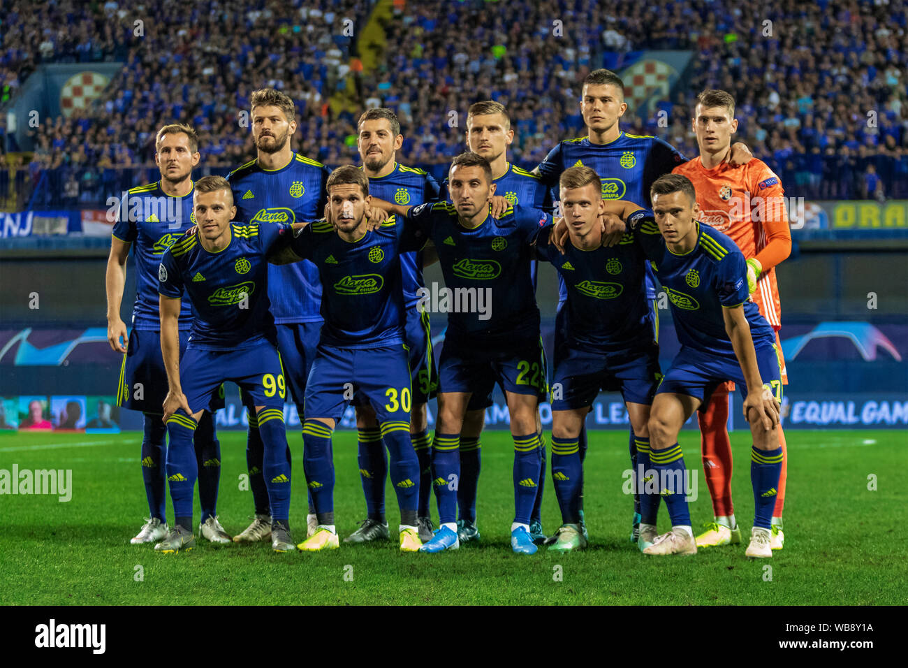 Zagabria, Croazia - Agosto 21, 2019: la UEFA Champions play off gamba 1a manche di qualifica, GNK Dinamo vs.Rosenborg BK. GNK Dinamo giocatori lineup Foto Stock