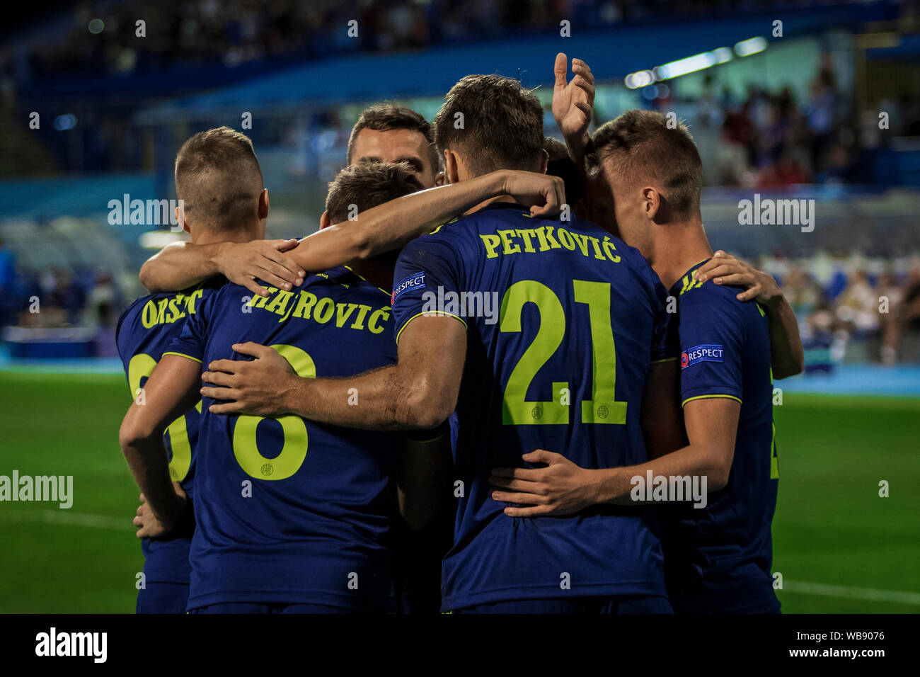 Zagabria, Croazia - Agosto 21, 2019: la UEFA Champions play off gamba 1a manche di qualifica, GNK Dinamo vs.Rosenborg BK. I giocatori celebrando obiettivo Foto Stock