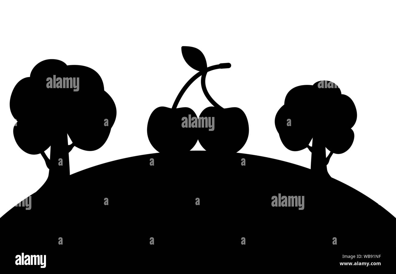 La ciliegia e alberi su una collina, silhouette arte immagine, illustrazione di vettore isolato su sfondo bianco Illustrazione Vettoriale