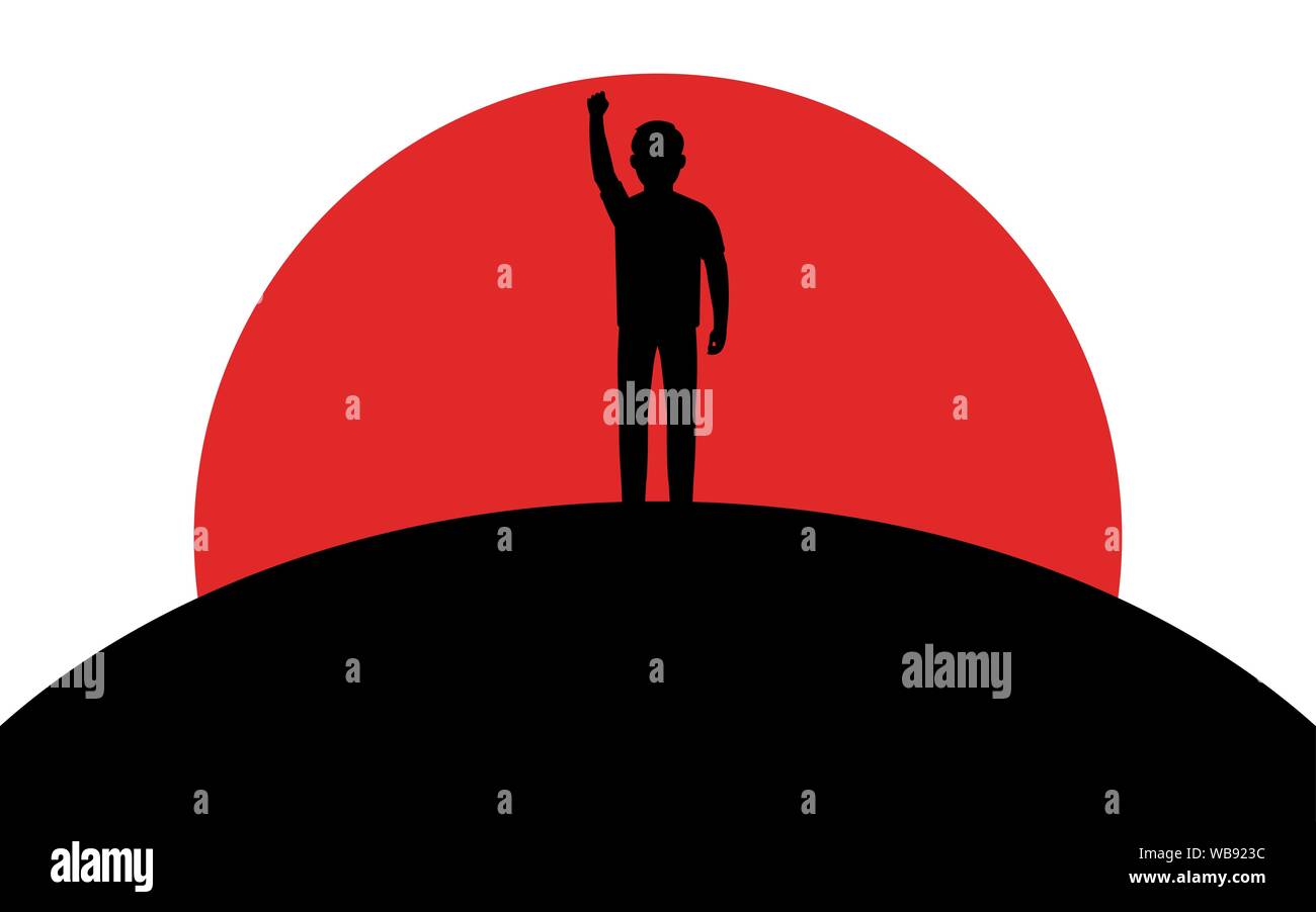 Un uomo sollevato il pugno, un ragazzo sorge su una collina, tramonto, silhouette arte immagine, illustrazione di vettore isolato su sfondo bianco Illustrazione Vettoriale Un uomo sollevato il pugno, un ragazzo sorge su una collina, tramonto, silhouette arte immagine, illustrazione di vettore isolato su sfondo bianco Illustrazione Vettoriale
