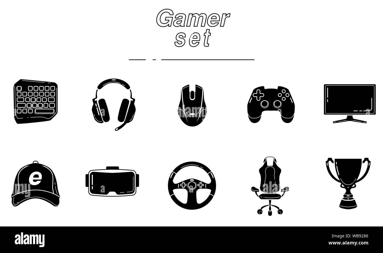 Glifo di gioco icon set. Esports attrezzatura. Computer periferiche di gioco. Simboli di Silhouette. Lo spazio negativo. Vettore illustrazione isolato Illustrazione Vettoriale