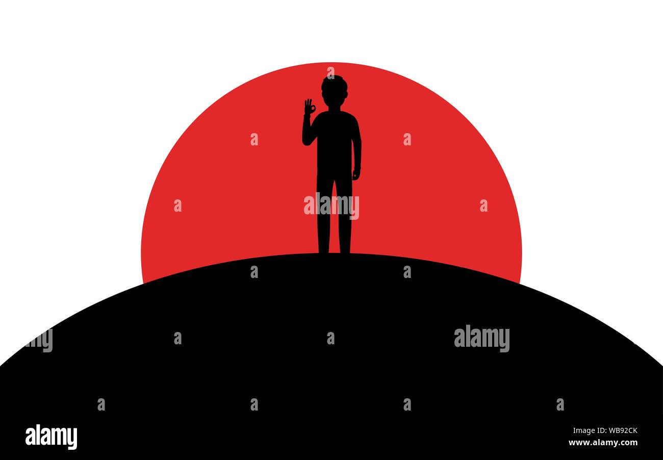 Un uomo mostra un gesto okay, un ragazzo sorge su una collina, tramonto, silhouette arte immagine, illustrazione di vettore isolato su sfondo bianco Illustrazione Vettoriale Un uomo mostra un gesto okay, un ragazzo sorge su una collina, tramonto, silhouette arte immagine, illustrazione di vettore isolato su sfondo bianco Illustrazione Vettoriale