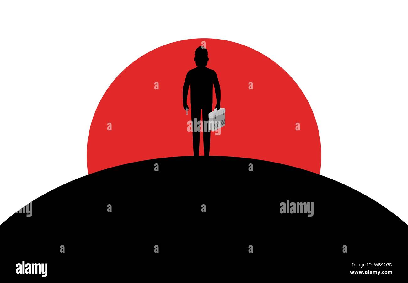 Il builder è in possesso di un cacciavite e tool box, l'aggiustatore è in piedi su una collina, tramonto, silhouette arte immagine, illustrazione di vettore isolato su Illustrazione Vettoriale Il builder è in possesso di un cacciavite e tool box, l'aggiustatore è in piedi su una collina, tramonto, silhouette arte immagine, illustrazione di vettore isolato su Illustrazione Vettoriale