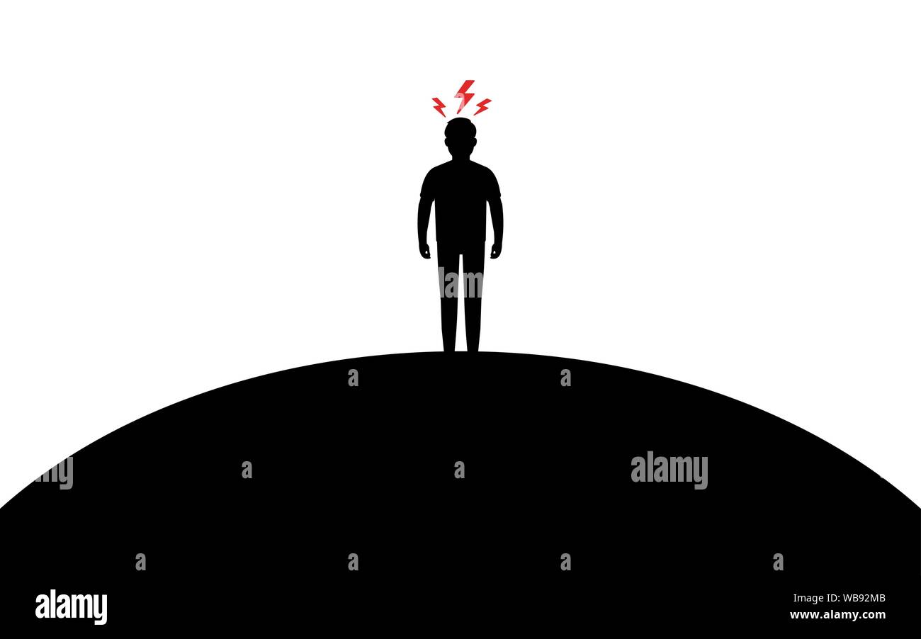 Arrabbiato guy sorge su una collina, fulmine al di sopra di un uomo di testa, silhouette arte immagine, illustrazione di vettore isolato su sfondo bianco Illustrazione Vettoriale Arrabbiato guy sorge su una collina, fulmine al di sopra di un uomo di testa, silhouette arte immagine, illustrazione di vettore isolato su sfondo bianco Illustrazione Vettoriale