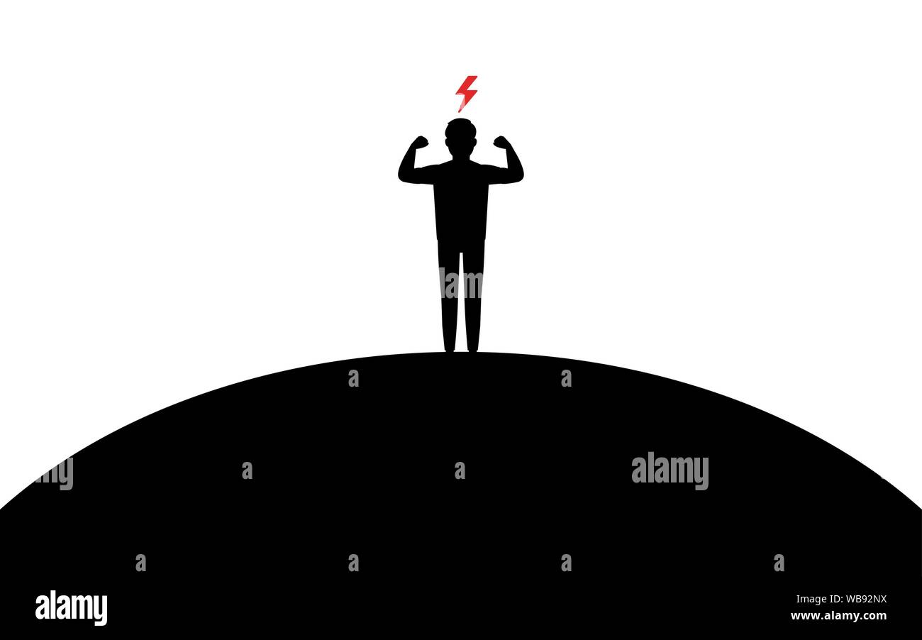 Un uomo è pieno di energia in piedi su una collina, forte di un ragazzo mostra bicipite, fulmini, silhouette arte immagine, illustrazione di vettore isolato su bianco backgrou Illustrazione Vettoriale Un uomo è pieno di energia in piedi su una collina, forte di un ragazzo mostra bicipite, fulmini, silhouette arte immagine, illustrazione di vettore isolato su bianco backgrou Illustrazione Vettoriale