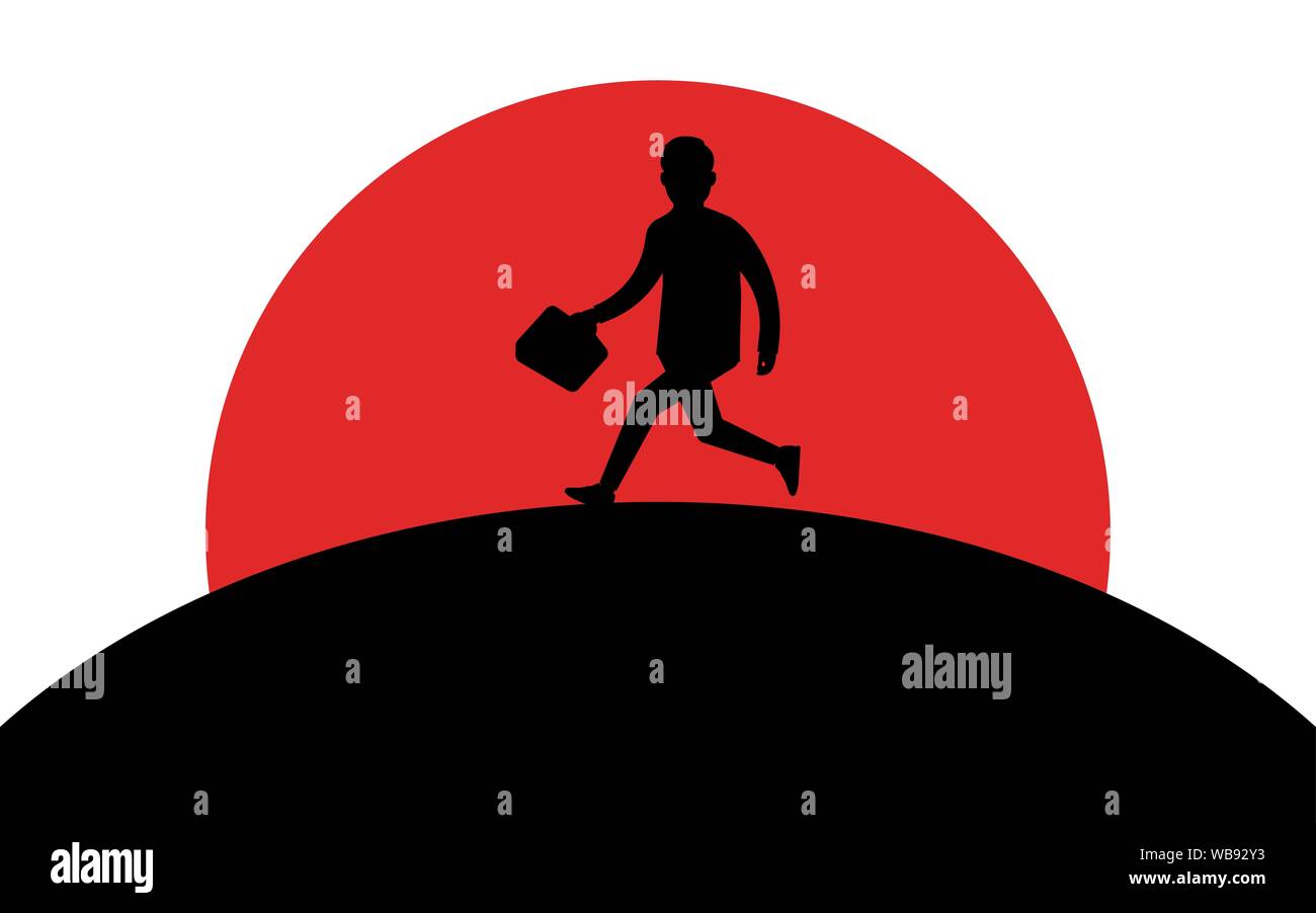 Imprenditore con una valigetta viene eseguito su una collina, tramonto, silhouette arte immagine, illustrazione di vettore isolato su sfondo bianco Illustrazione Vettoriale Imprenditore con una valigetta viene eseguito su una collina, tramonto, silhouette arte immagine, illustrazione di vettore isolato su sfondo bianco Illustrazione Vettoriale