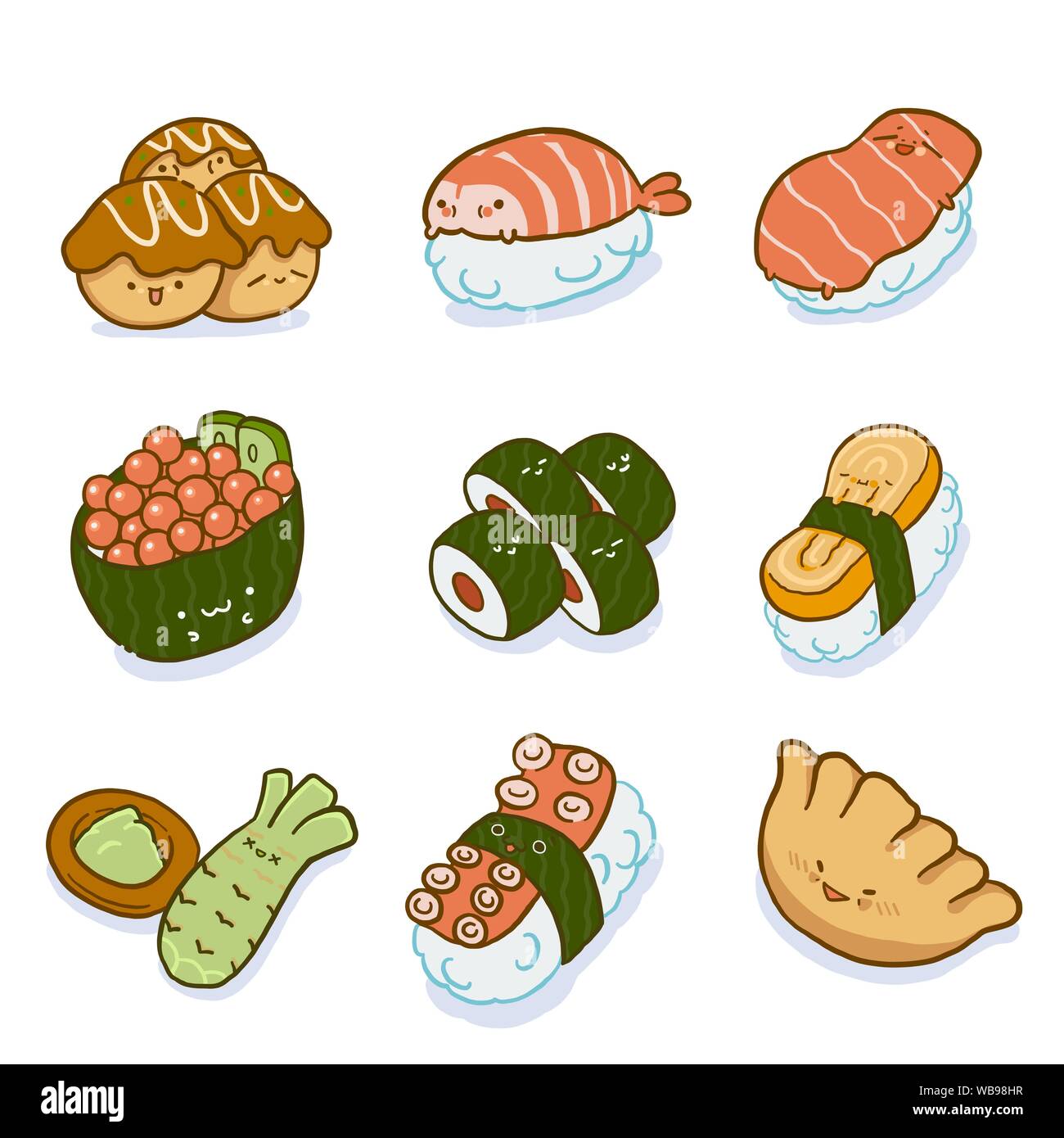 Sushi set, il cibo giapponese carattere, vettore di elementi grafici. Illustrazione Vettoriale