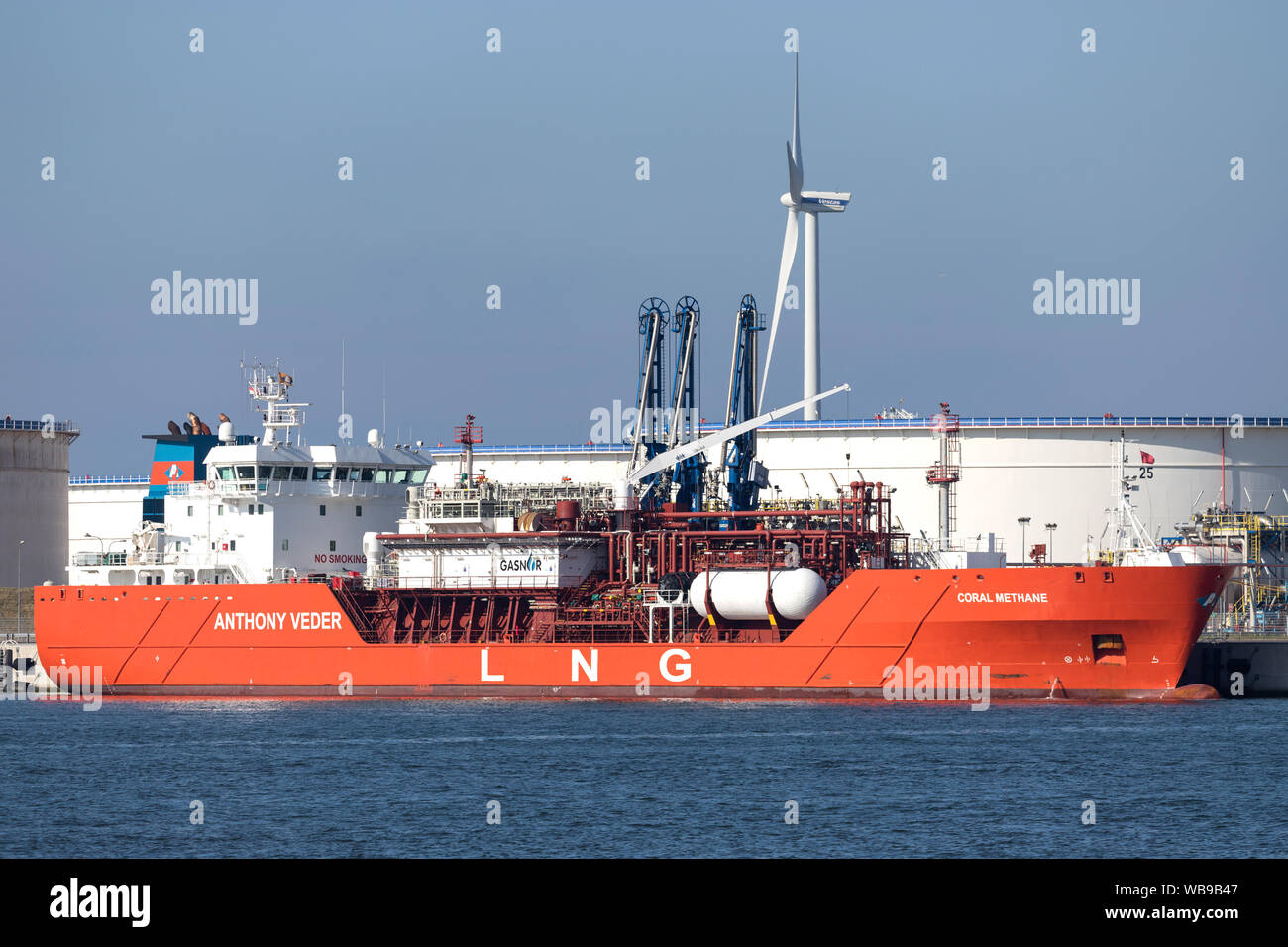 Nave da trasporto LNG CORAL METANO ormeggiato a Maasvlakte Olie Terminale, Paesi Bassi Foto Stock