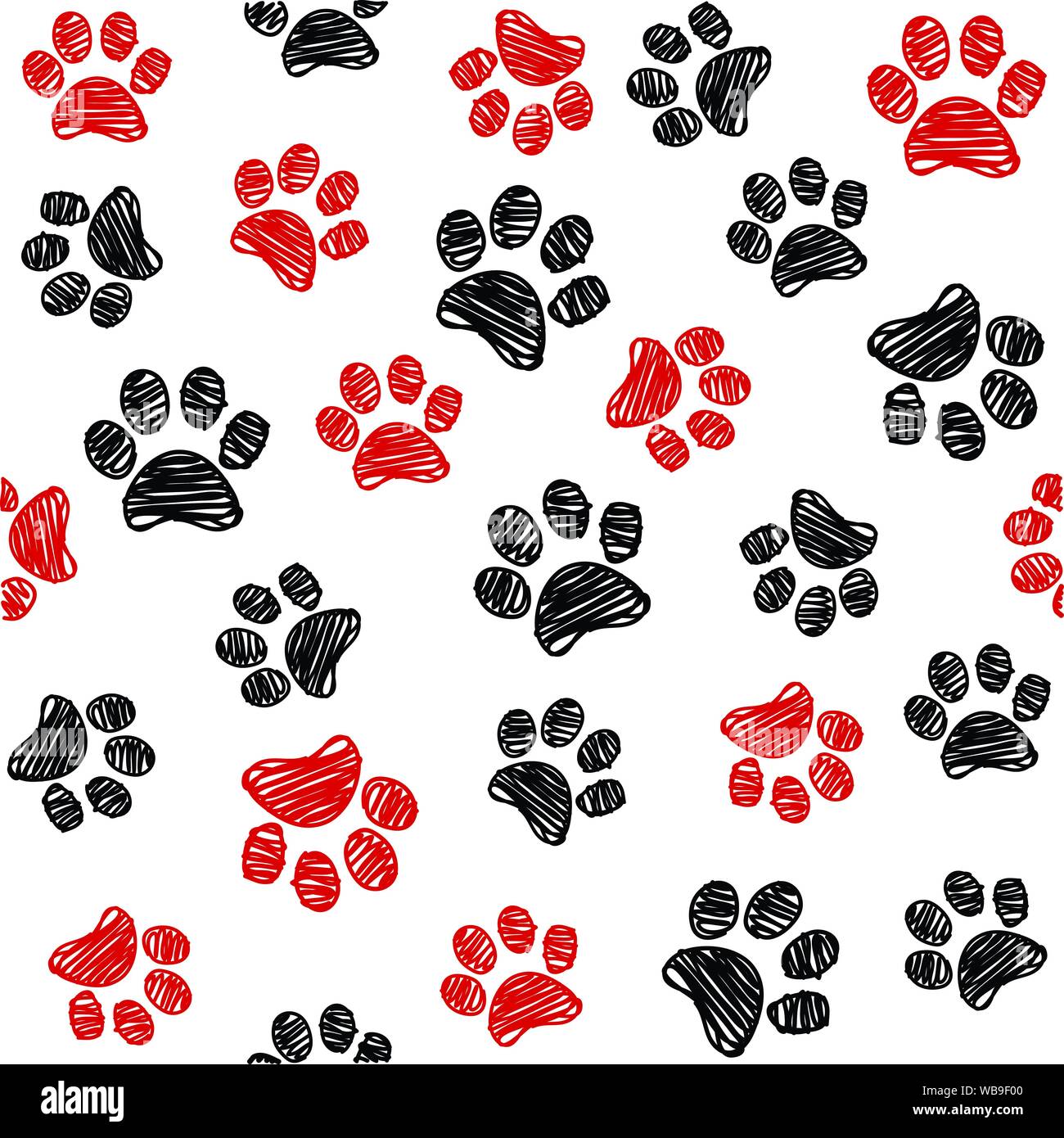 Modello senza cuciture con doodle cane zampe. Colore nero e rosso stampa animale. Sfondo del vettore. Illustrazione Vettoriale