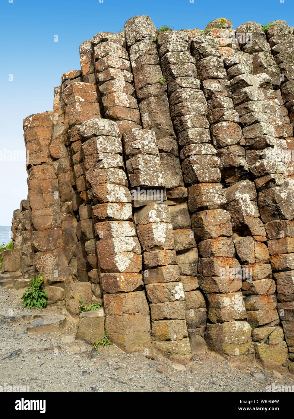 Giant's Causeway, Irlanda del Nord, Regno Unito. Naturale unico e ESAGONALE PENTAGONALE formazioni geologiche del basalto vulcanico rocks, formando il polo verticale Foto Stock