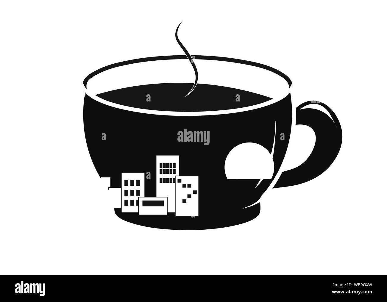 Tazza di caffè una silhouette, con edifici della città, mattina nella città Illustrazione Vettoriale