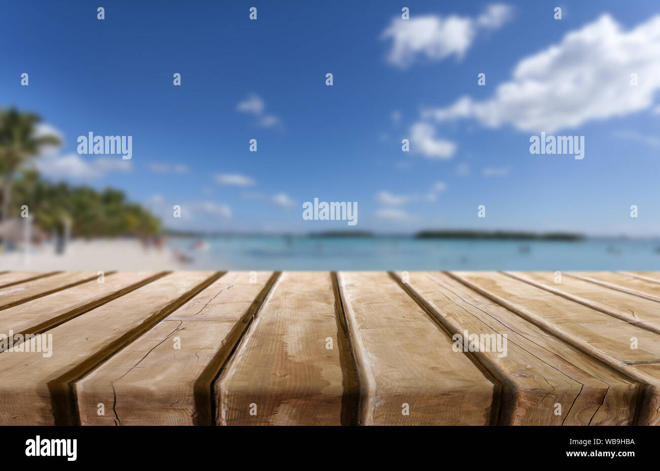 Abstract di sfocatura dello sfondo bokeh di fondo con scrivania in legno Foto Stock