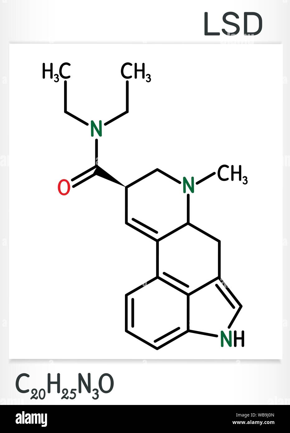 Acido lisergico dietilammide, LSD molecola. Si tratta di un farmaco allucinogeni. Formula chimica di struttura. Illustrazione Vettoriale Illustrazione Vettoriale