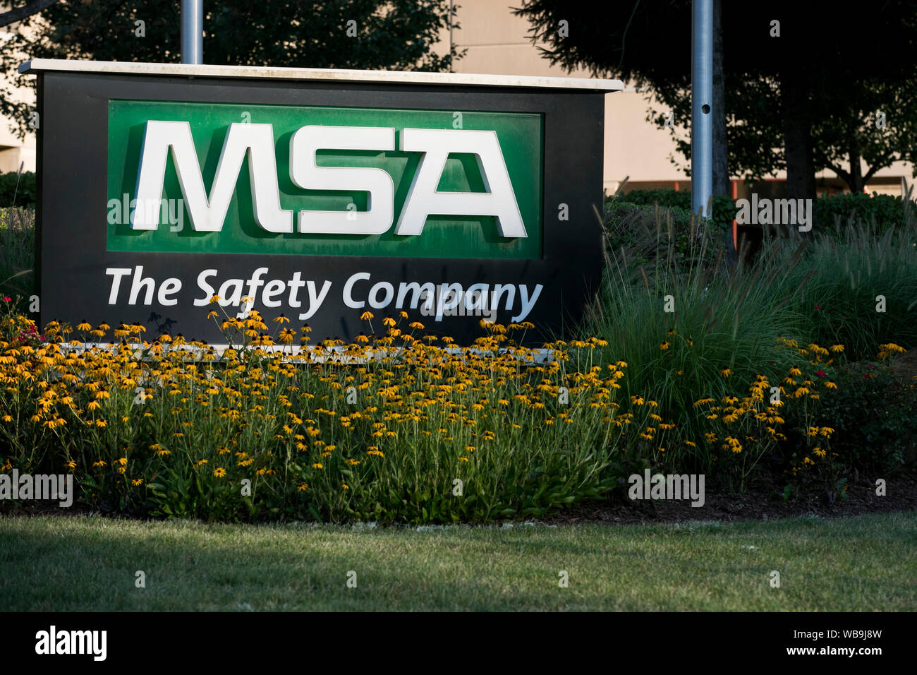 Un logo segno al di fuori della sede della sicurezza MSA, Inc. di Cranberry Township, Pennsylvania il 9 agosto 2019. Foto Stock