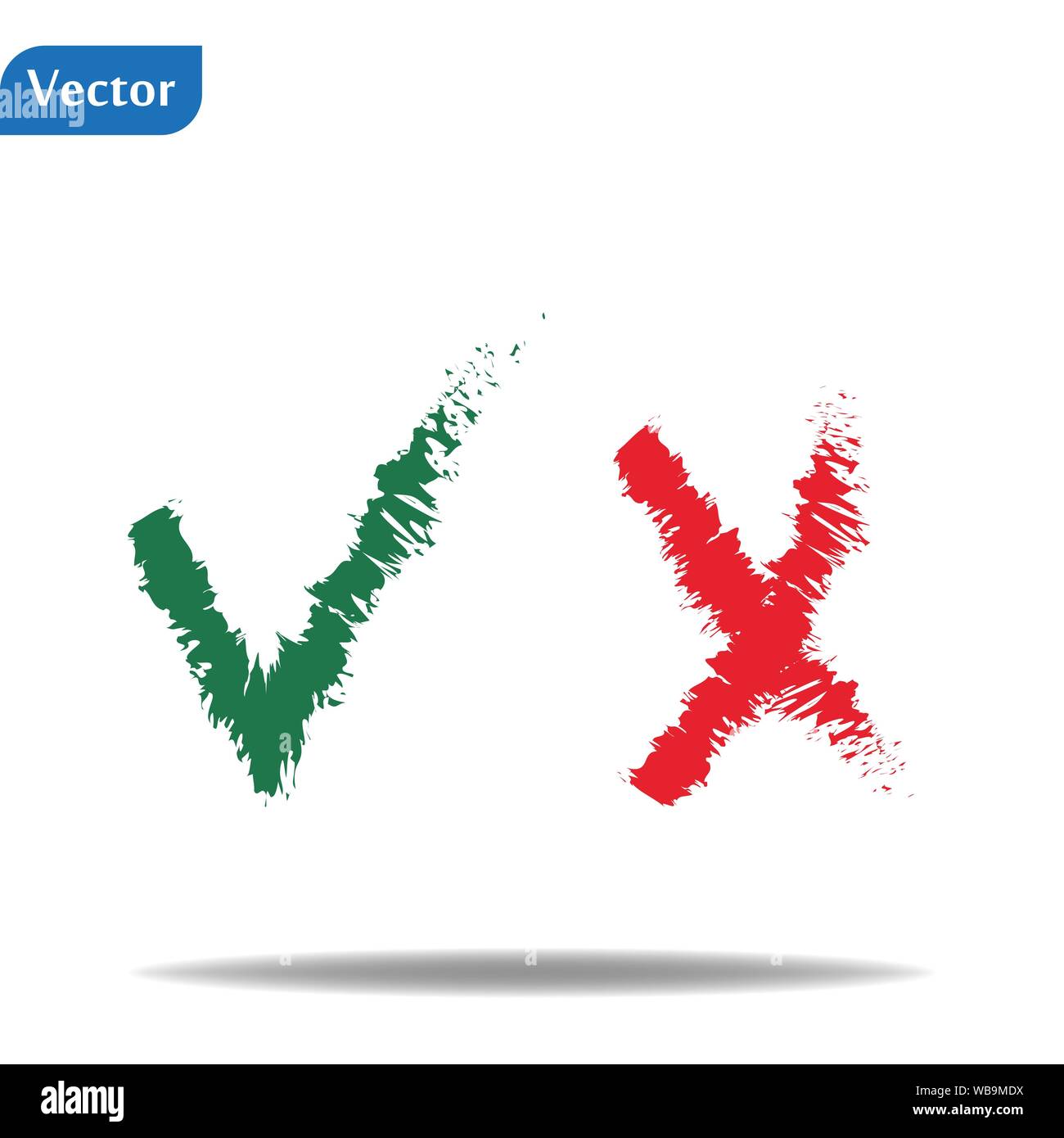 Il simbolo contrassegna e croce. Isolato in rosso e accanto un segno di spunta verde dipinta con un pennello. Grunge. eps10 Illustrazione Vettoriale
