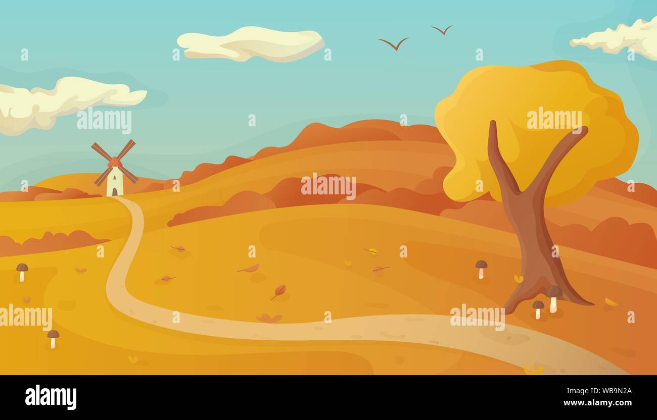 Paesaggio autunnale con i funghi e le foglie cadute, sfondo Illustrazione Vettoriale