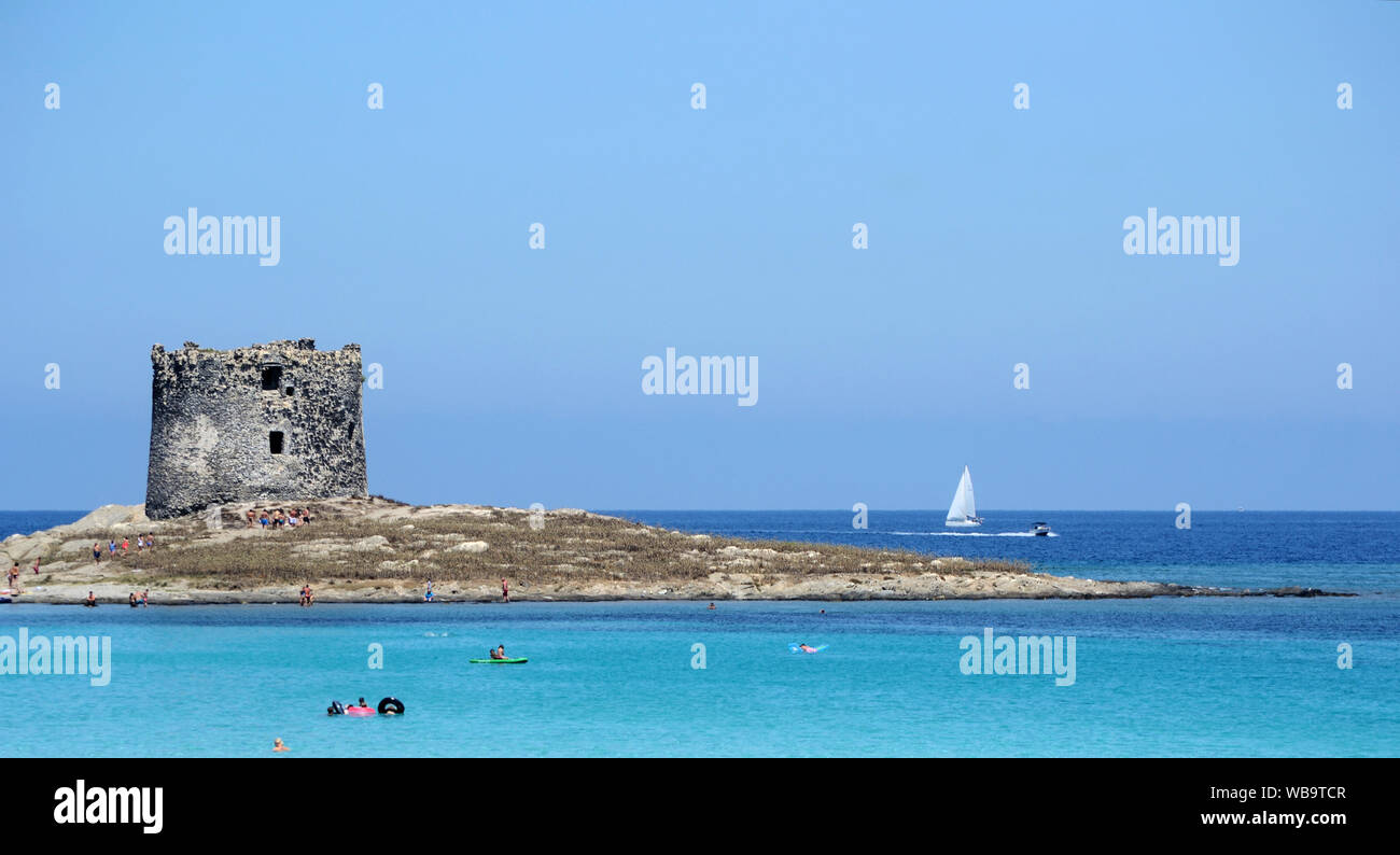 Vista panoramica della Torre della Pelosa, La torre della Pelosa, antica torre di vedetta si trova su un isolotto tra l'isola Piana e di Capo Falcone nel nord Foto Stock