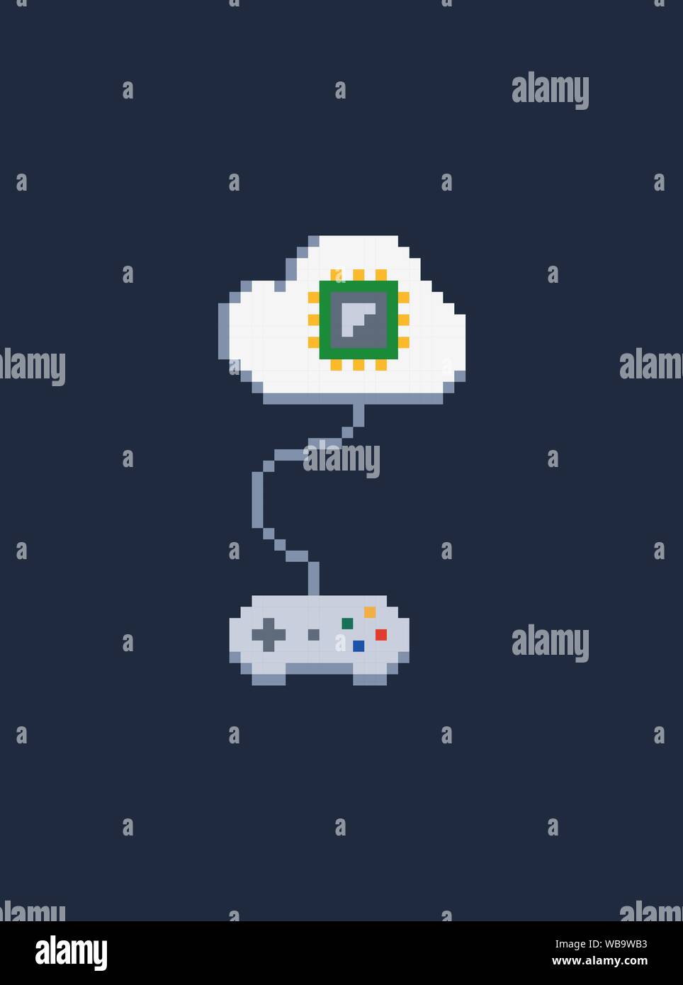 gamepad a 8 bit bianco pixel art per console di gioco collegata Al cloud con il processore - icona vettoriale isolata di cablato centralina Illustrazione Vettoriale