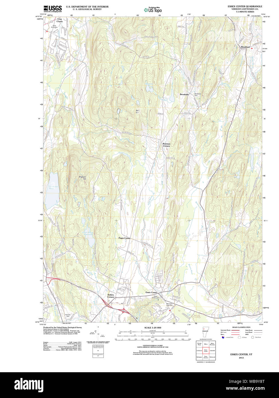 USGS TOPO Map Vermont VT Centro Essex 20120607 TM il restauro Foto Stock