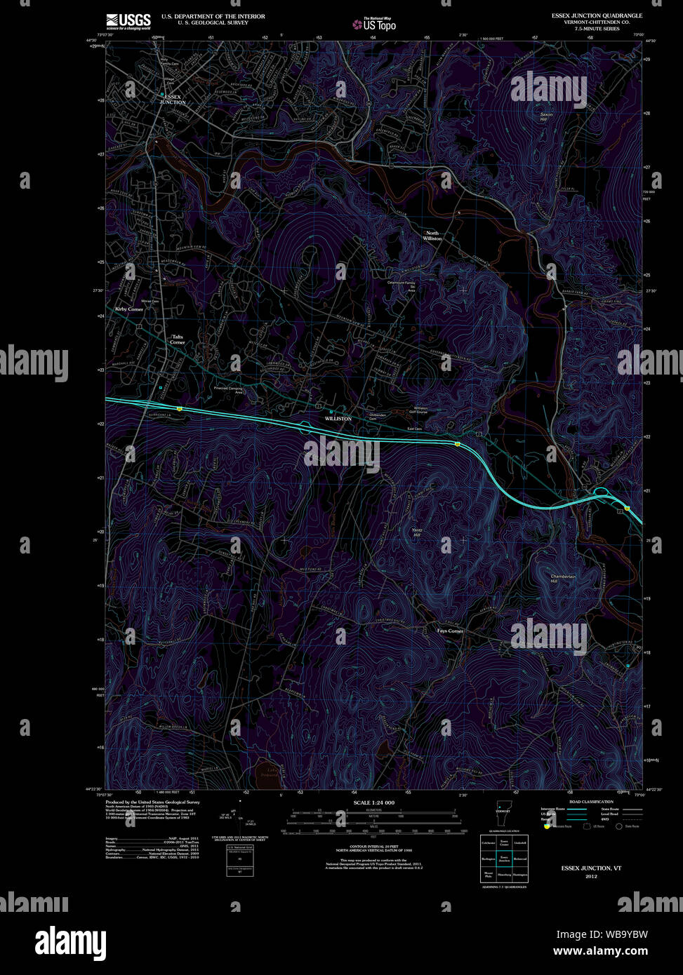 USGS TOPO Map Vermont VT Essex Junction 20120507 TM restauro invertito Foto Stock