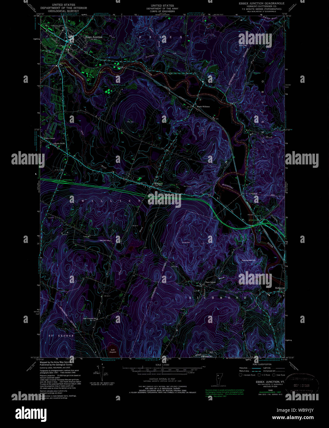 USGS TOPO Map Vermont VT Essex Junction 337420 1948 24000 Restauro invertito Foto Stock