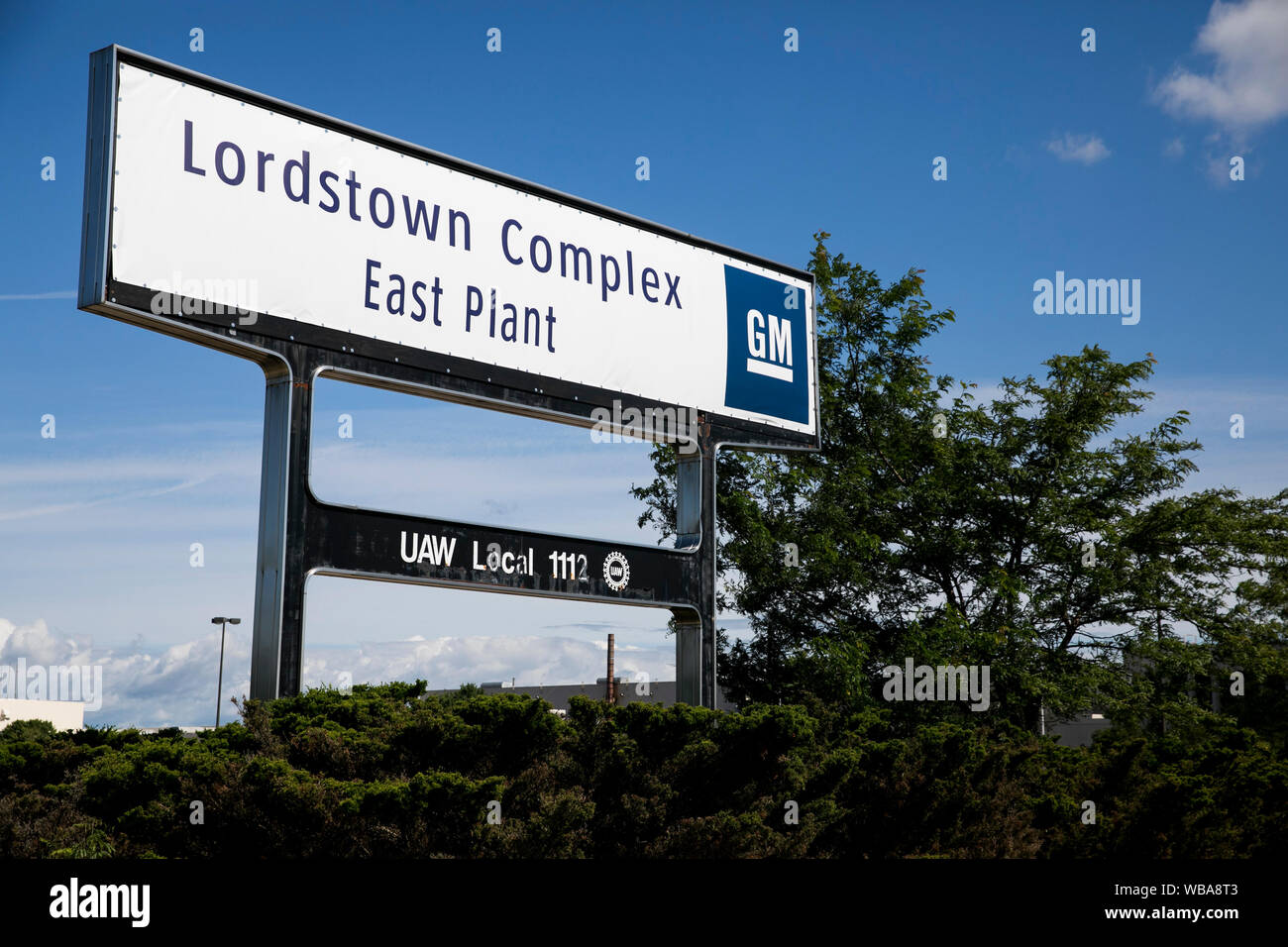 Un logo segno esterno della General Motors (GM) Lordstown complesso in Warren, Ohio, 10 agosto 2019. Foto Stock