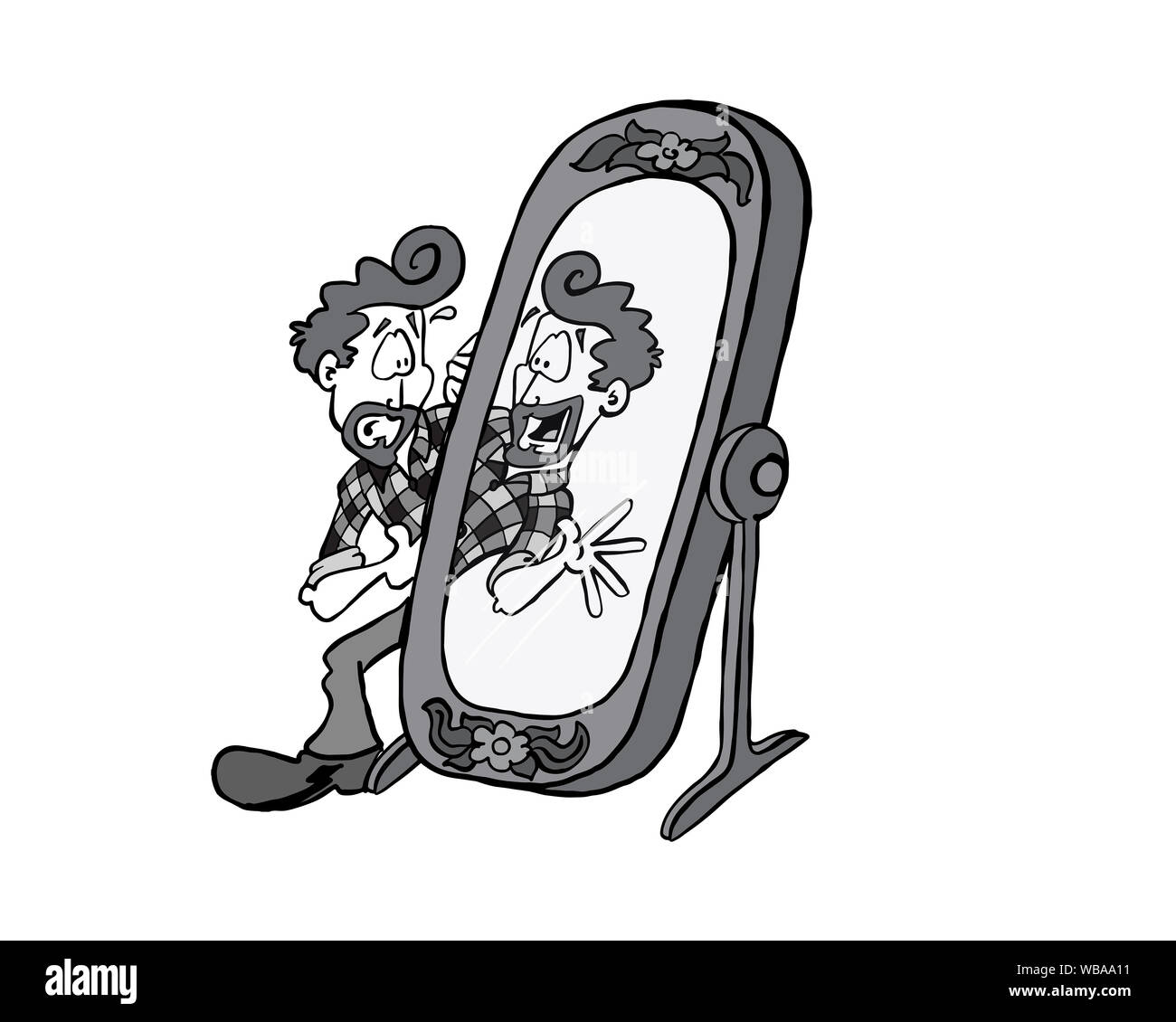 Giovane uomo alla scoperta di se stesso nello specchio Foto Stock