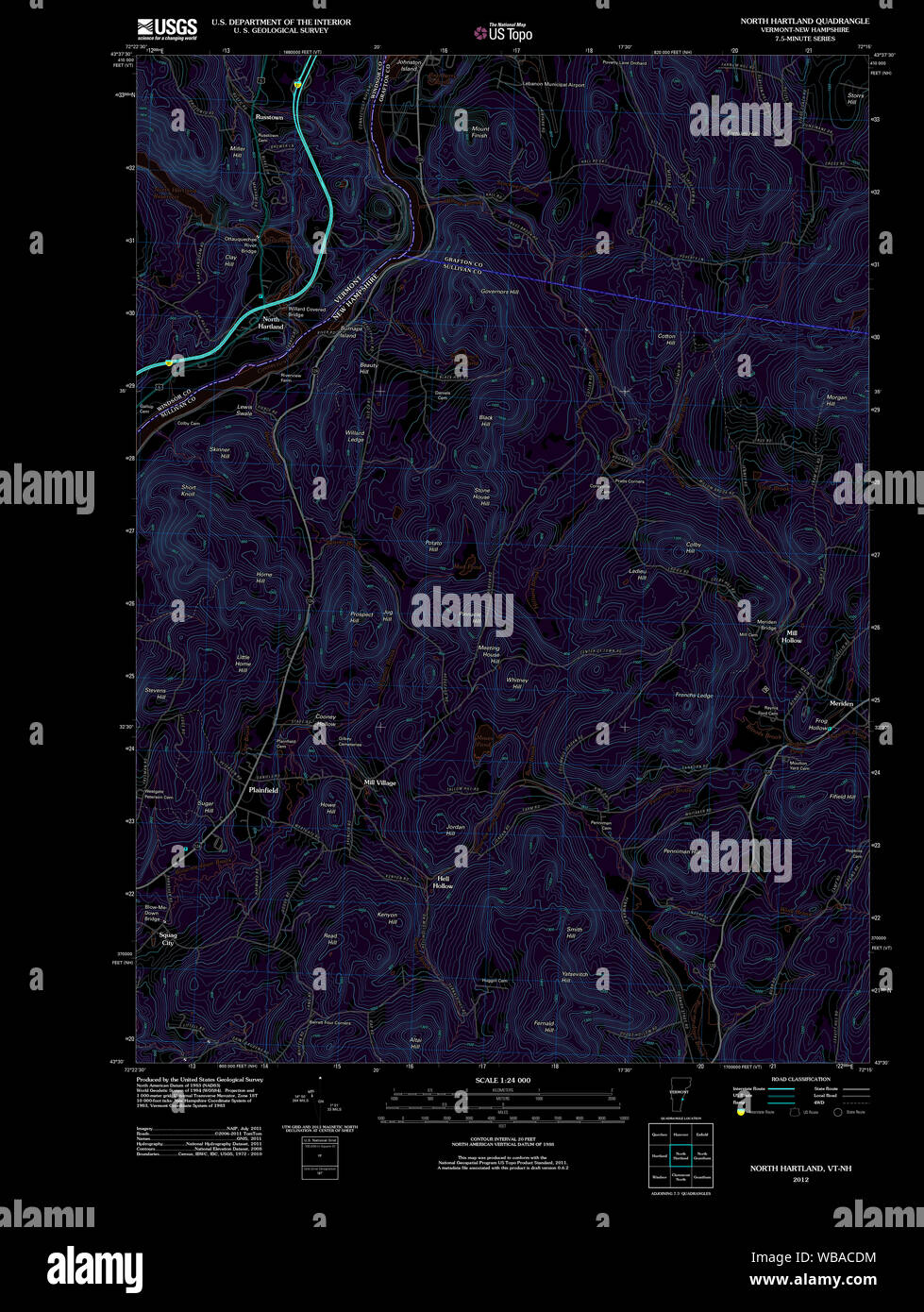 USGS TOPO Map Vermont VT Nord Hartland 20120607 TM restauro invertito Foto Stock