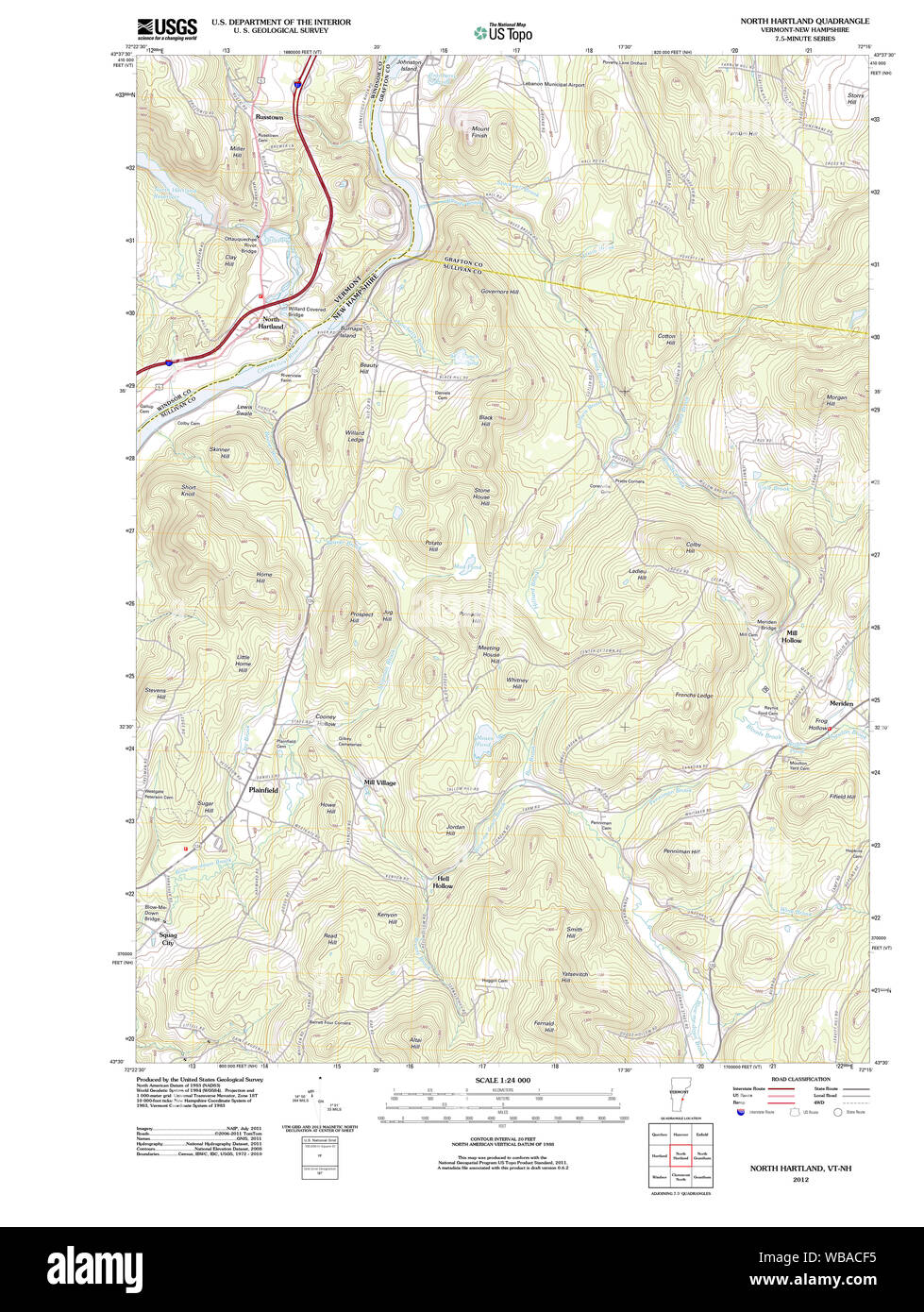 USGS TOPO Map Vermont VT Nord Hartland 20120607 TM il restauro Foto Stock