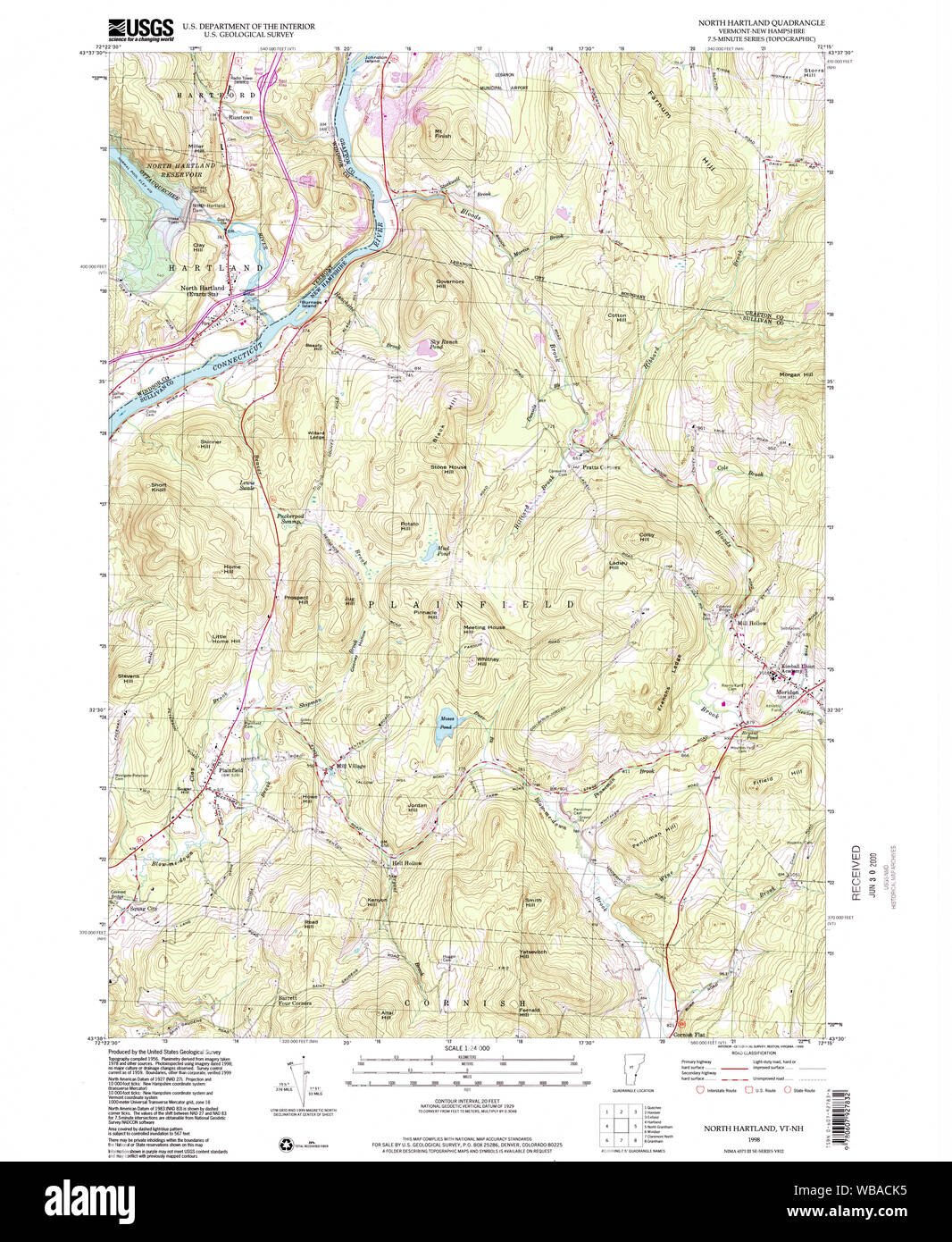 USGS TOPO Map Vermont VT Nord Hartland 337561 1998 24000 Restauro Foto Stock
