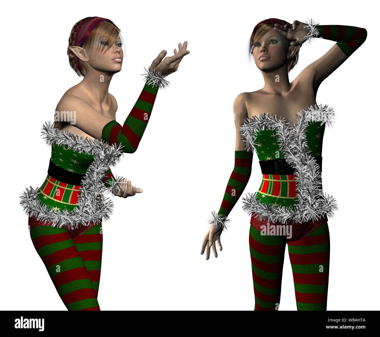 Rendering digitalmente illustrazione di un elfo girl, Santa helper su sfondo bianco. Foto Stock