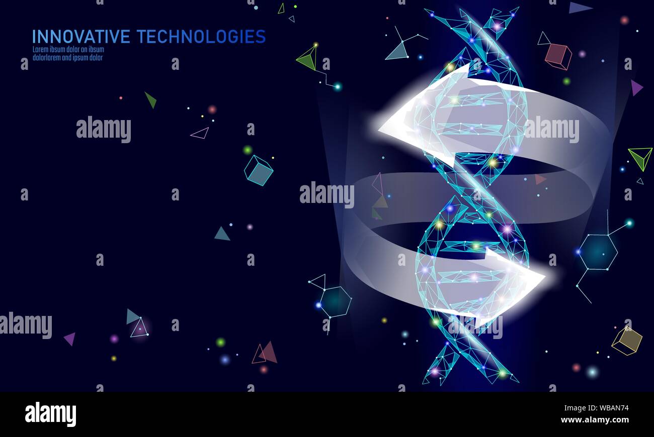 Protezione del gene DNA terapia 3D molecola chimica di struttura bassa poli. Triangolo poligonale punto linea cellula sana parte. Innovazione medicina blu genoma Illustrazione Vettoriale