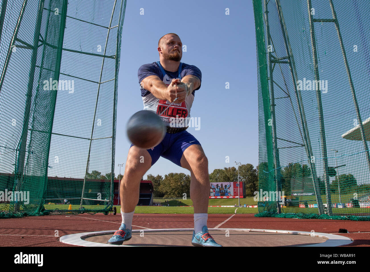Nick Miller vince gli uomini del martello a Muller British Athletics Championships in Birmingham Foto Stock