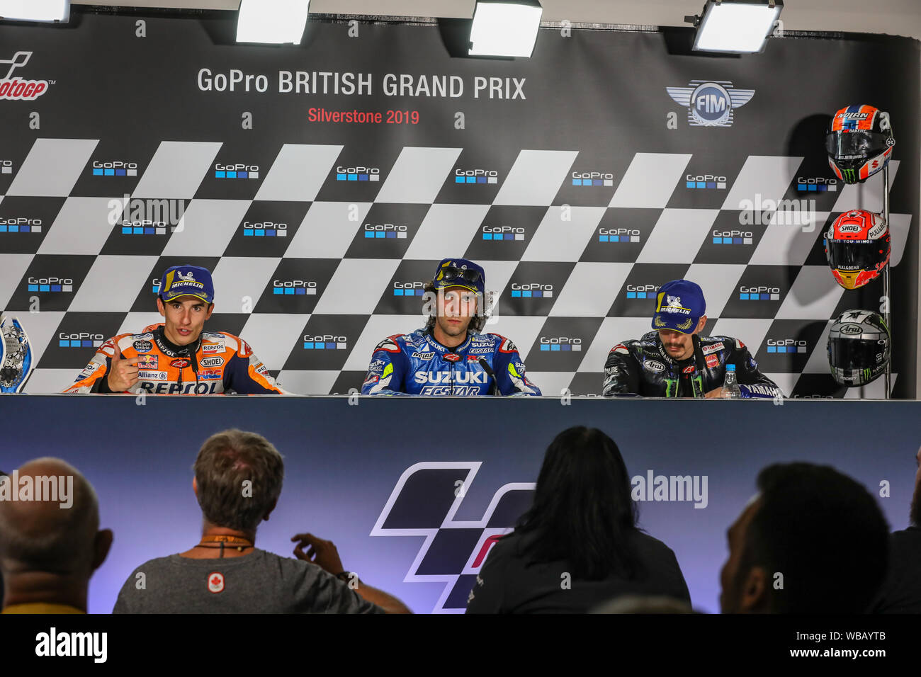 Silverstone, UK. Il 25 giugno, 2019. Post gara conferenza stampa al 2019 GoPro British Grand Prix (MotoGP) sul circuito di Silverstone, Towcester, in Inghilterra il 25 agosto 2019. Foto di David Horn Credit: prime immagini multimediali/Alamy Live News Foto Stock