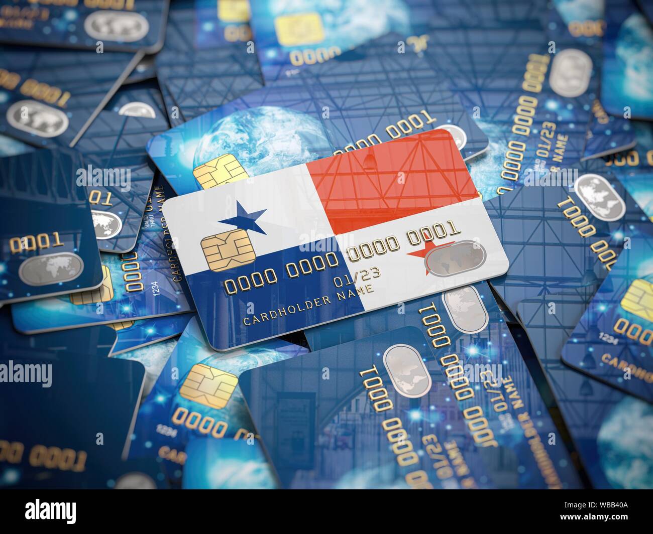 Carta di credito della banca in Panama sul mucchio di altre diverse carte  nere. Apertura di un conto in banca in Panama offshore. 3d'illustrazione  Foto stock - Alamy