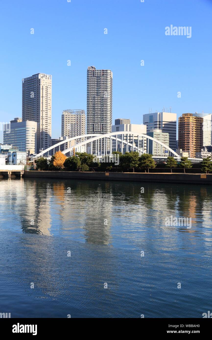 Lo skyline di Tokyo - moderni quartieri residenziali con alti edifici di appartamenti a Kachidoki. Foto Stock