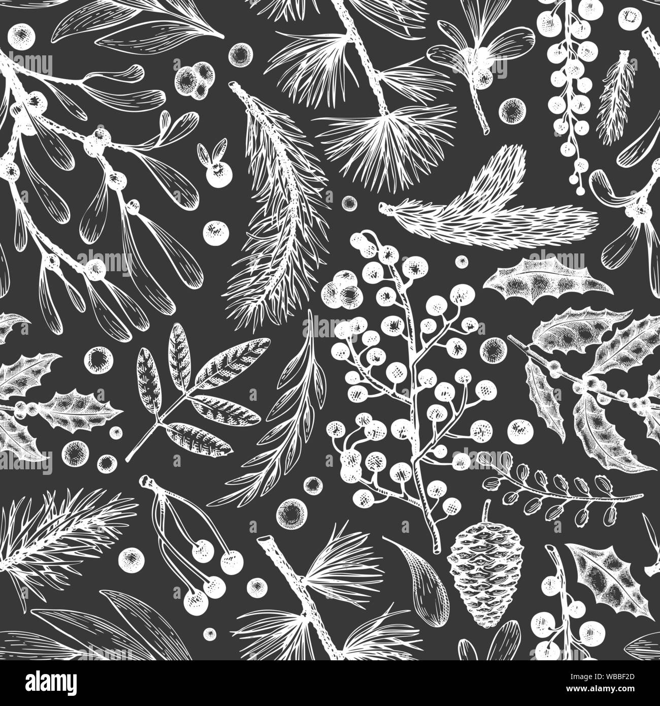 Natale seamless pattern. Disegnata a mano vettore impianti inverno sfondo. Conifere, agrifoglio, vischio modello di disegno. In stile retrò illustrazioni a cha Illustrazione Vettoriale