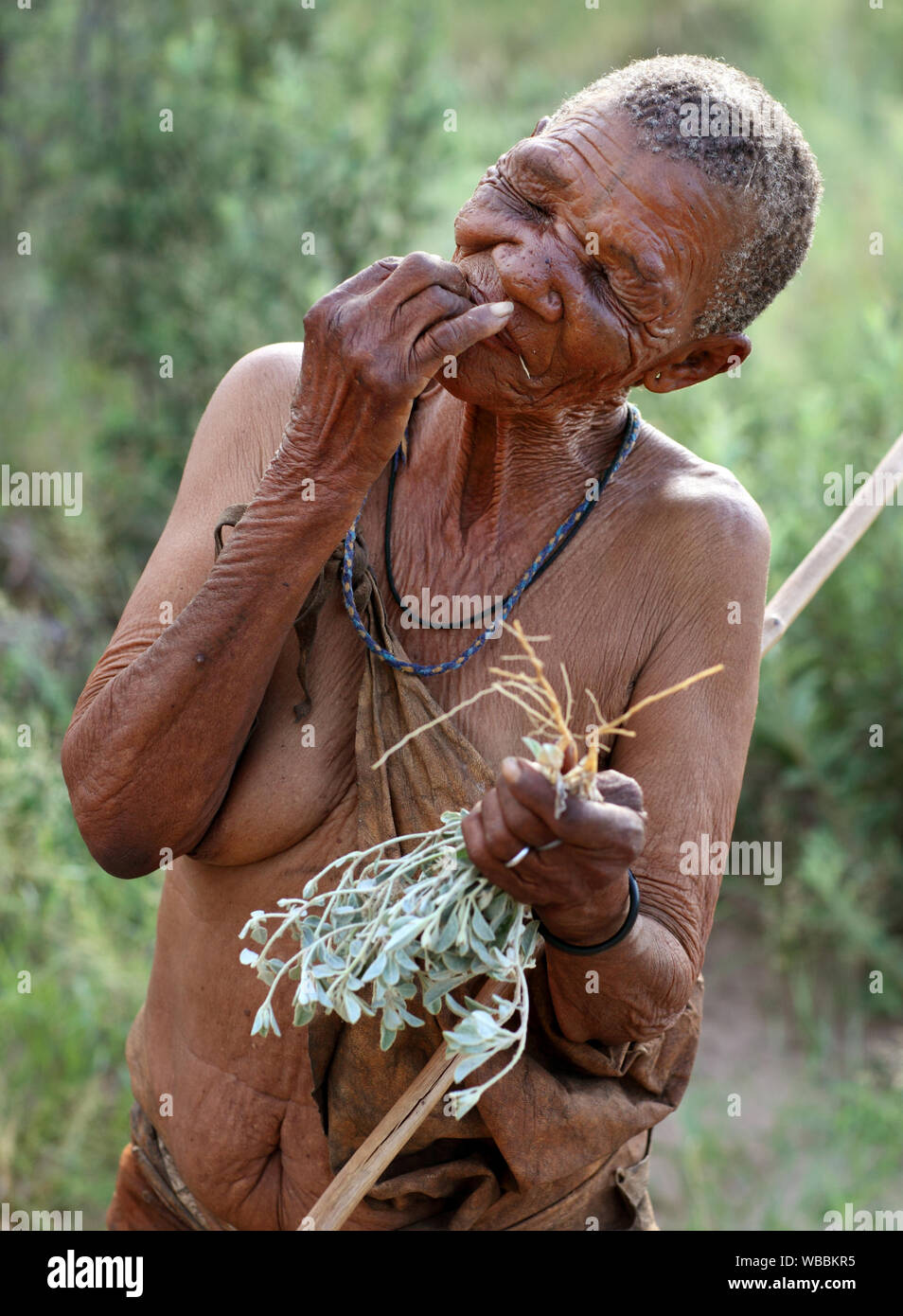 Donna tribale della tribù dei Boscimani nel deserto del Kalahari, in Botswana Foto Stock