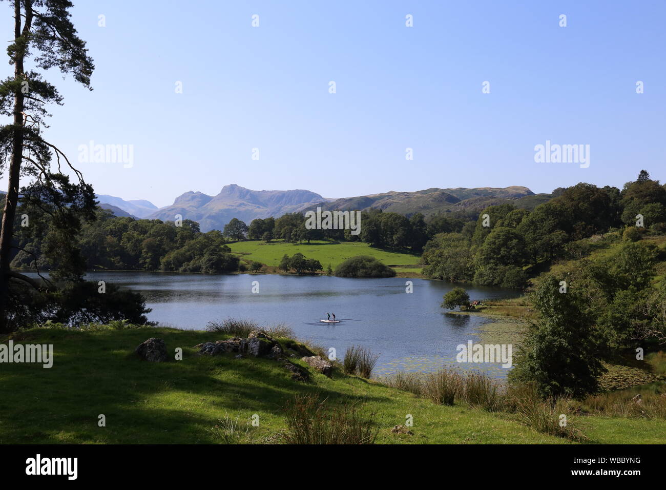 Loughrigg Tarn, Englands' Lake District. Divertimento estivo all'aperto. Bella vista con The Langdale pikes in distanza. Foto Stock