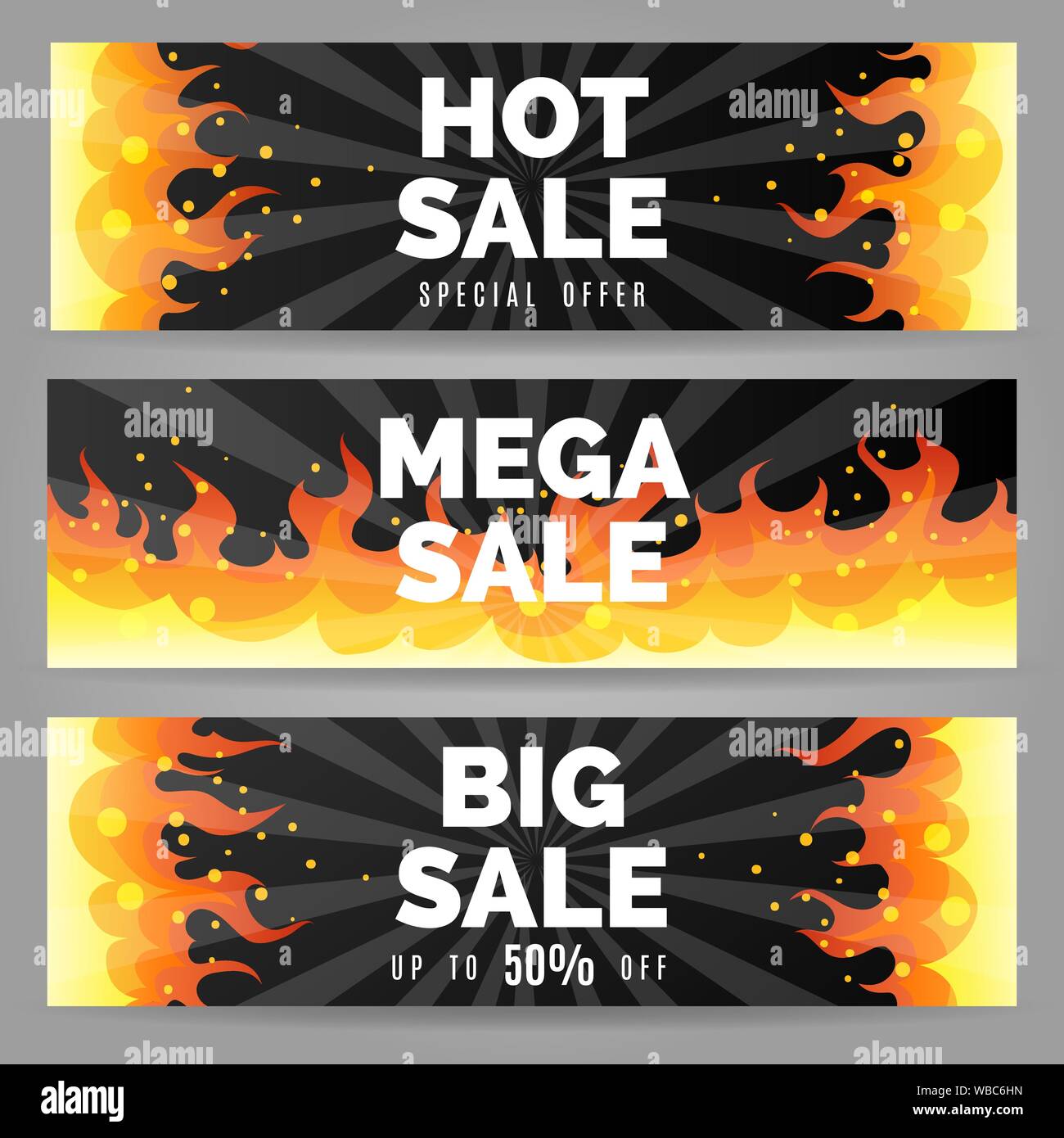 Fire Vendita banner. Gli sfondi di sparo con grande vendita testo, fiamme set di banner per hot sales illustrazione vettoriale Illustrazione Vettoriale