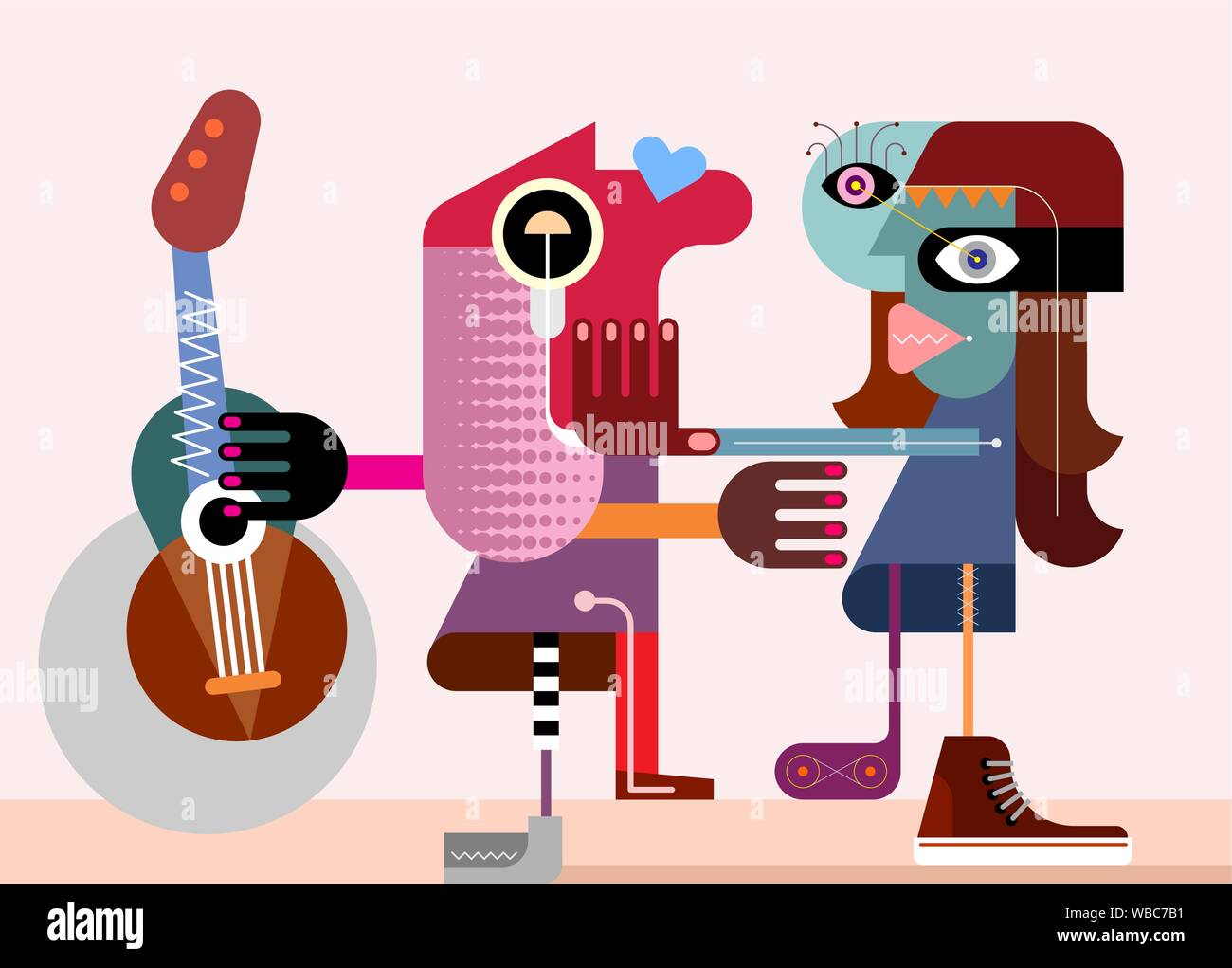 Due donne abbracciarsi. Una donna può contenere una chitarra nella sua mano tesa. Moderna arte astratta illustrazione vettoriale. Illustrazione Vettoriale